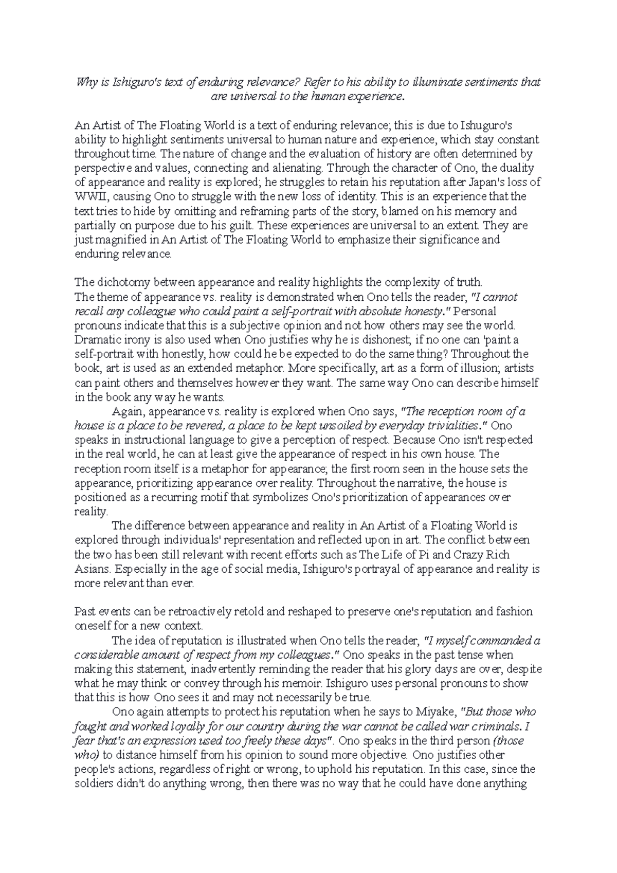 Practice - Why is Ishiguro's text of enduring relevance? Refer to his ...