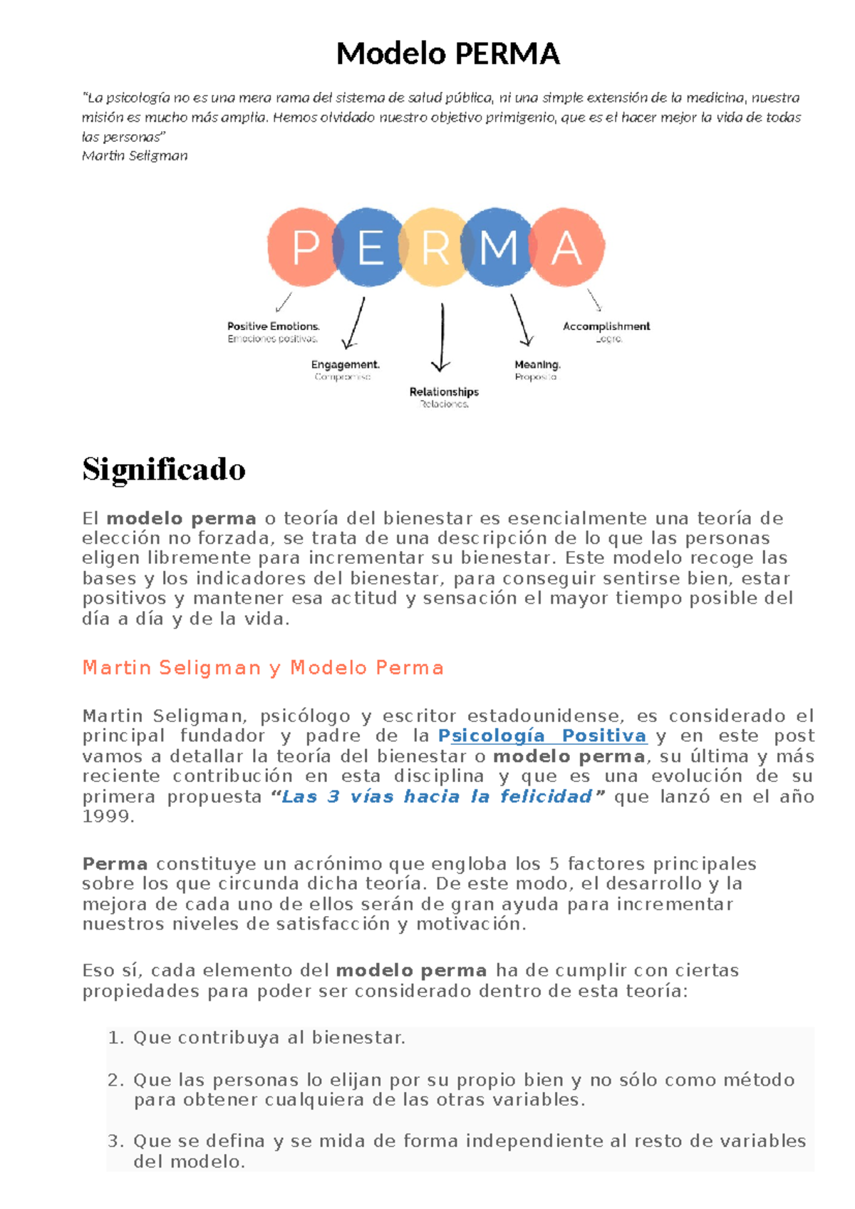 Modelo Perma - Modelo PERMA “La psicología no es una mera rama del ...