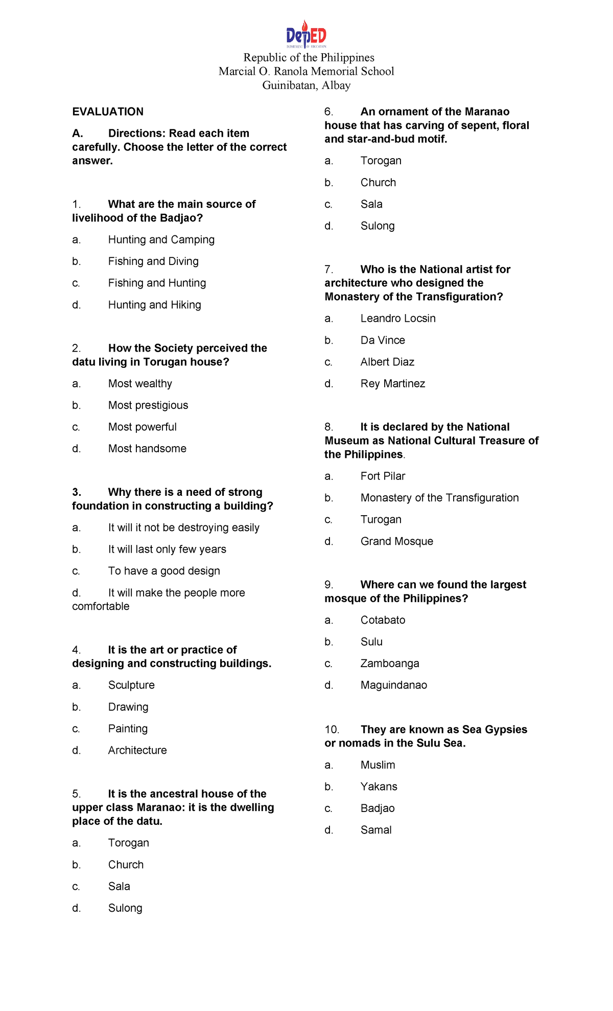 Evaluation- Handouts-ARTS - Republic of the Philippines Marcial O ...