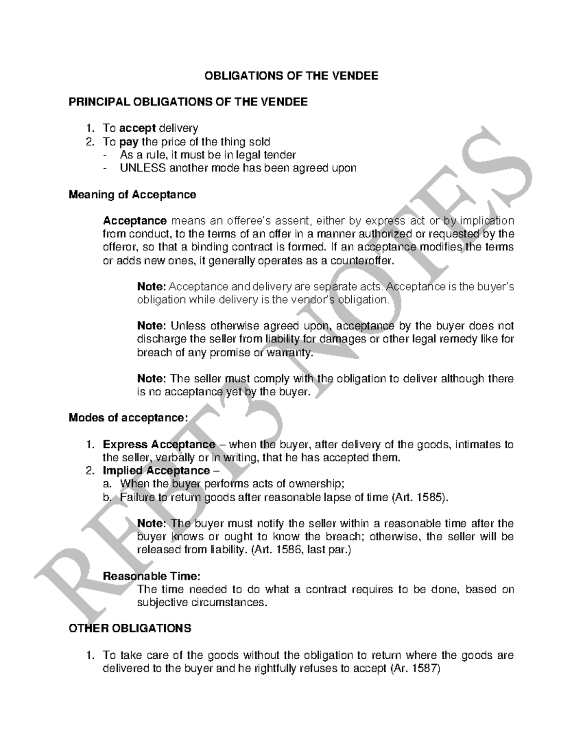 Notes 4 Law on Sales, Agency OBLIGATIONS OF THE VENDEE PRINCIPAL