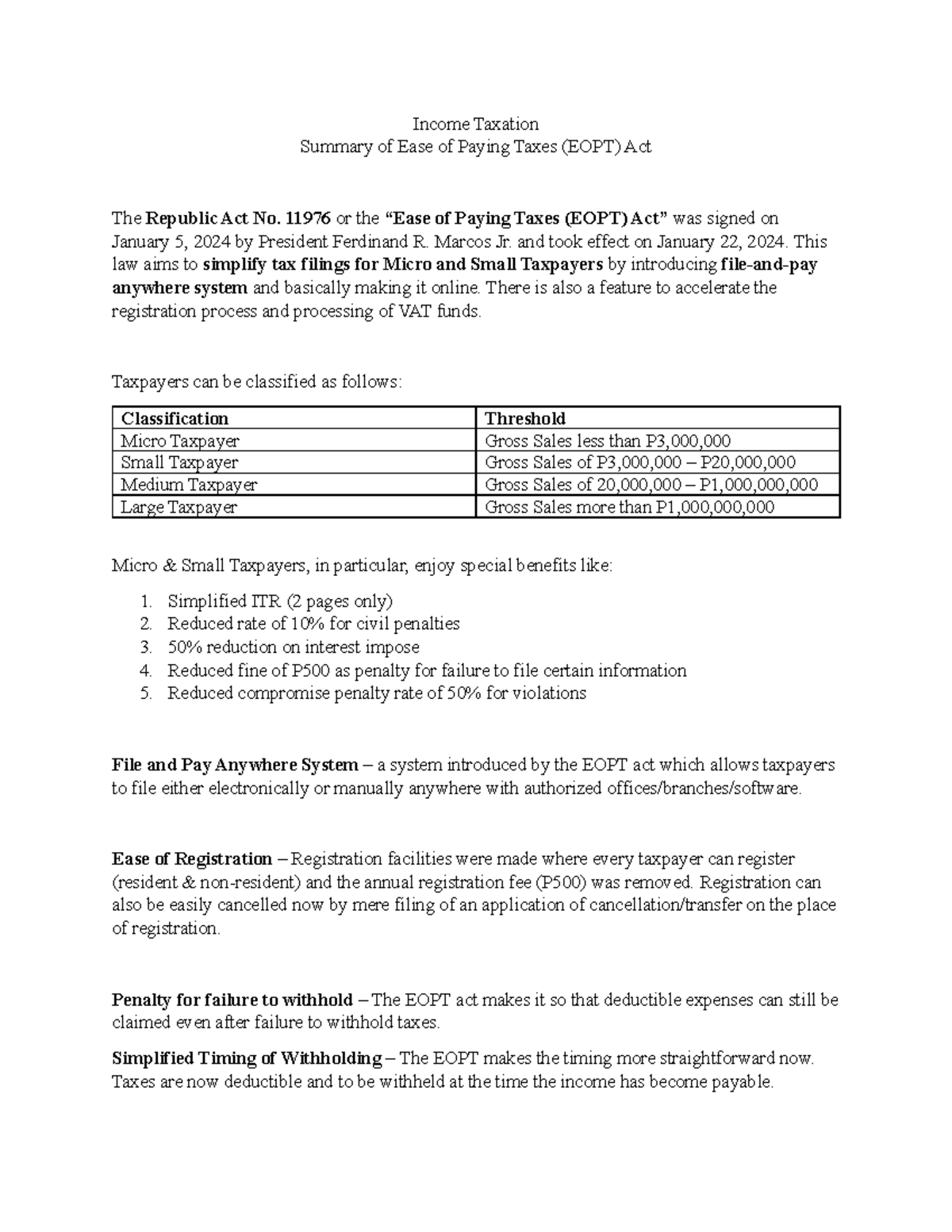 EOPT summary - Income Taxation Summary of Ease of Paying Taxes (EOPT ...