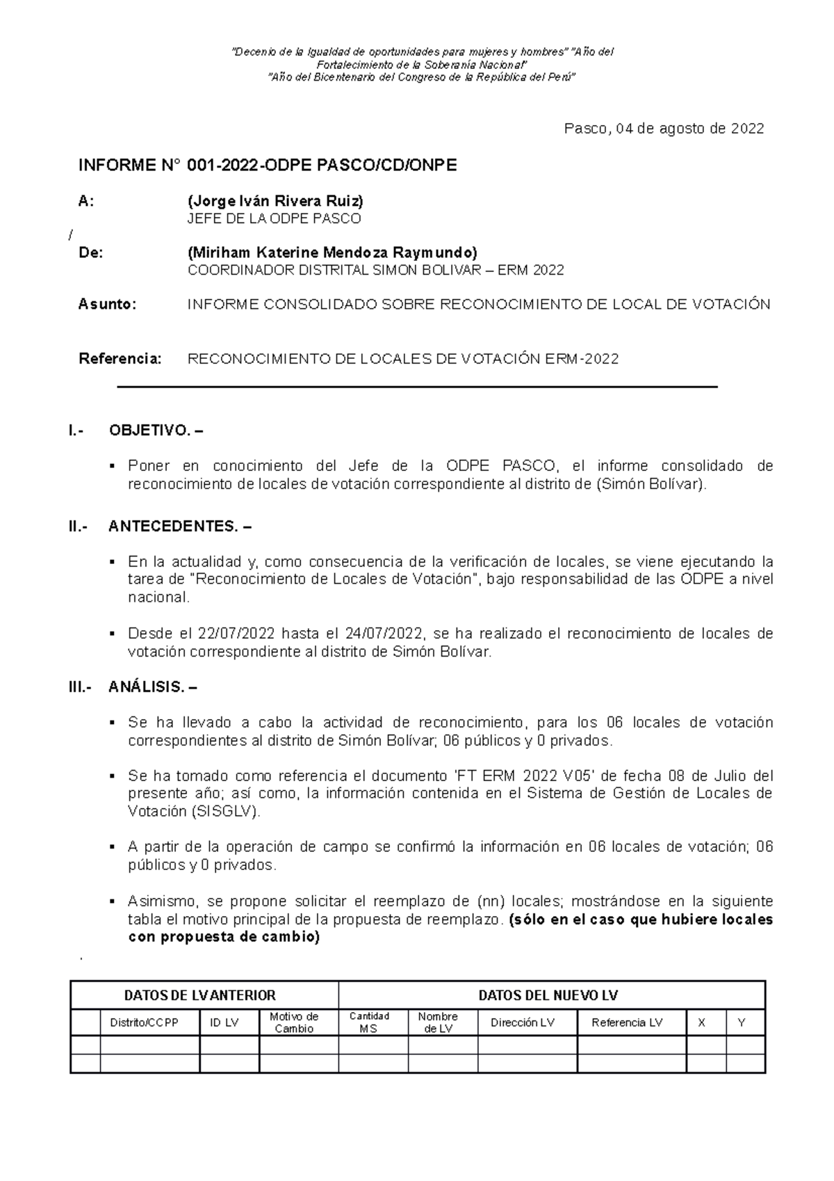 Modelo De Informe Sobre Rlv Vf Miriham Decenio De La Igualdad De