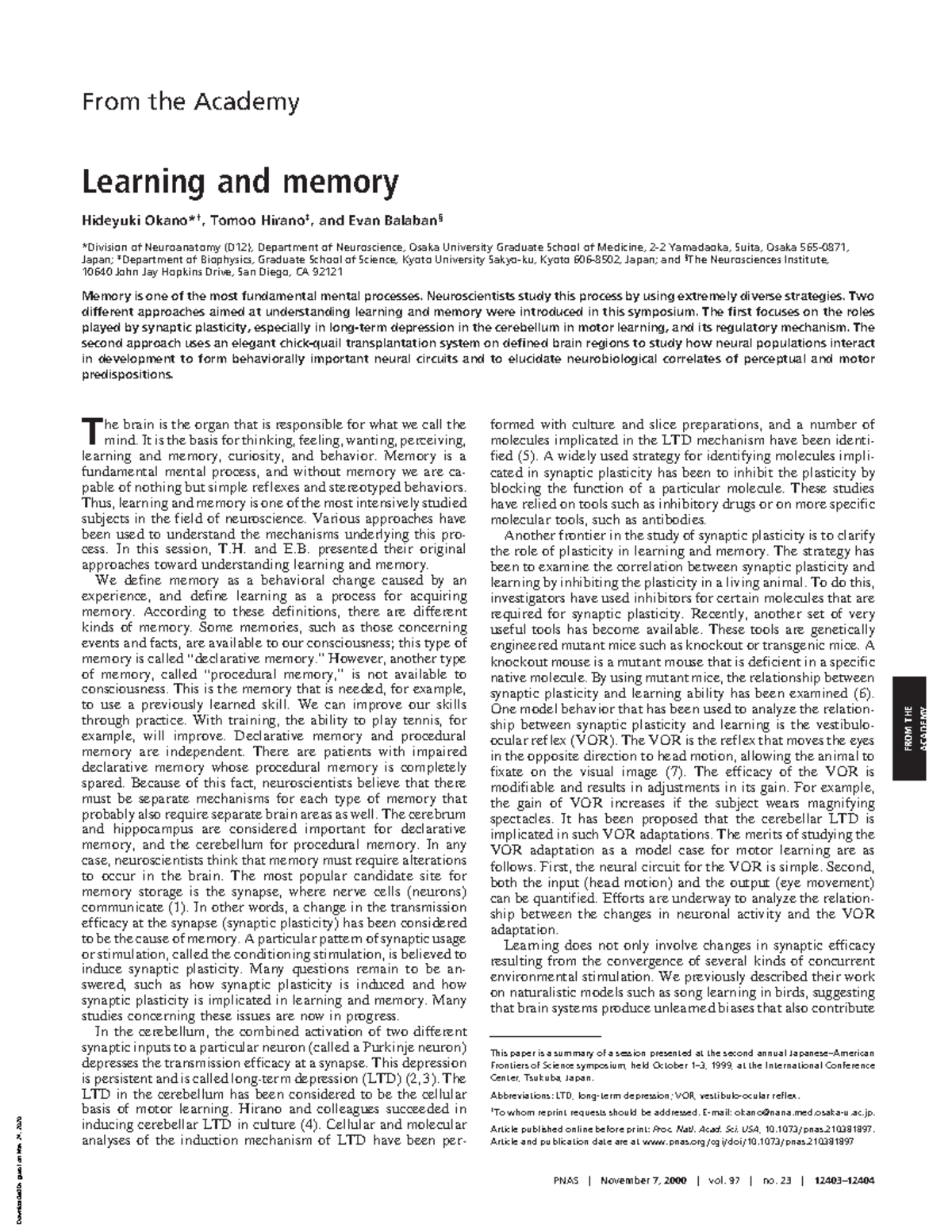 Learning and memory - From the Academy Learning and memory Hideyuki ...