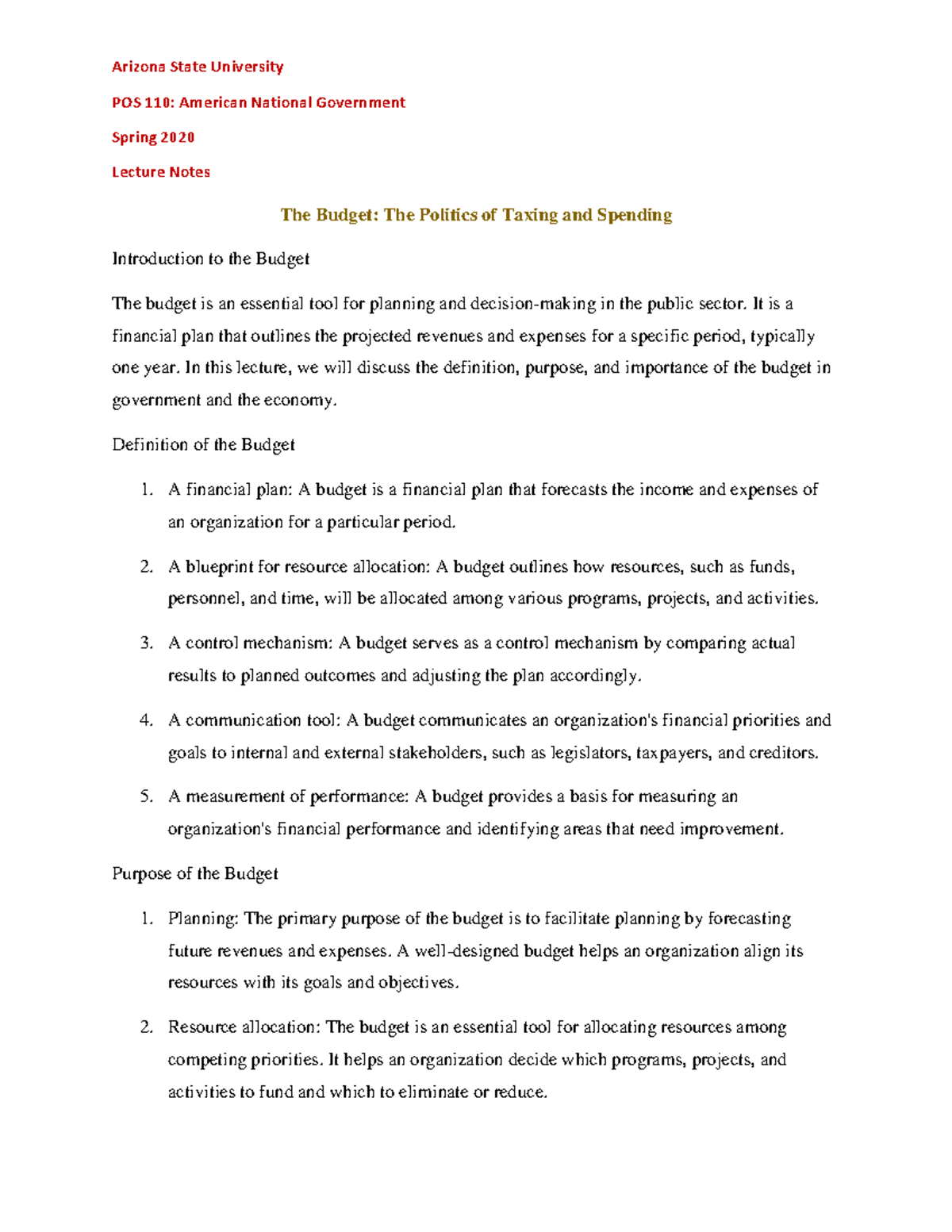 POS 110 Lecture notes 13 The Budget The Politics of Taxing and Spending ...