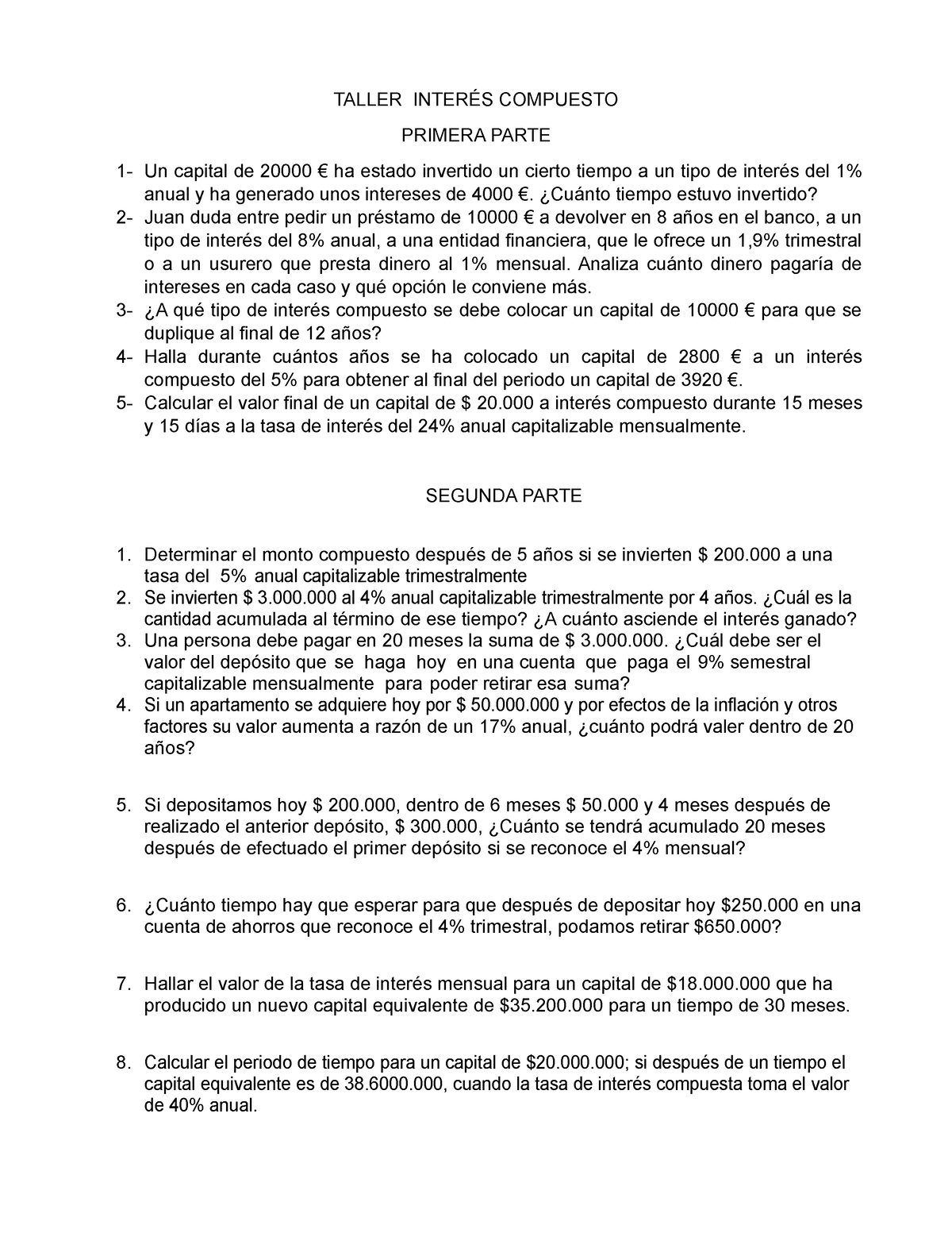 Aca 2 Matemática Financiera Taller InterÉs Compuesto Primera Parte 1