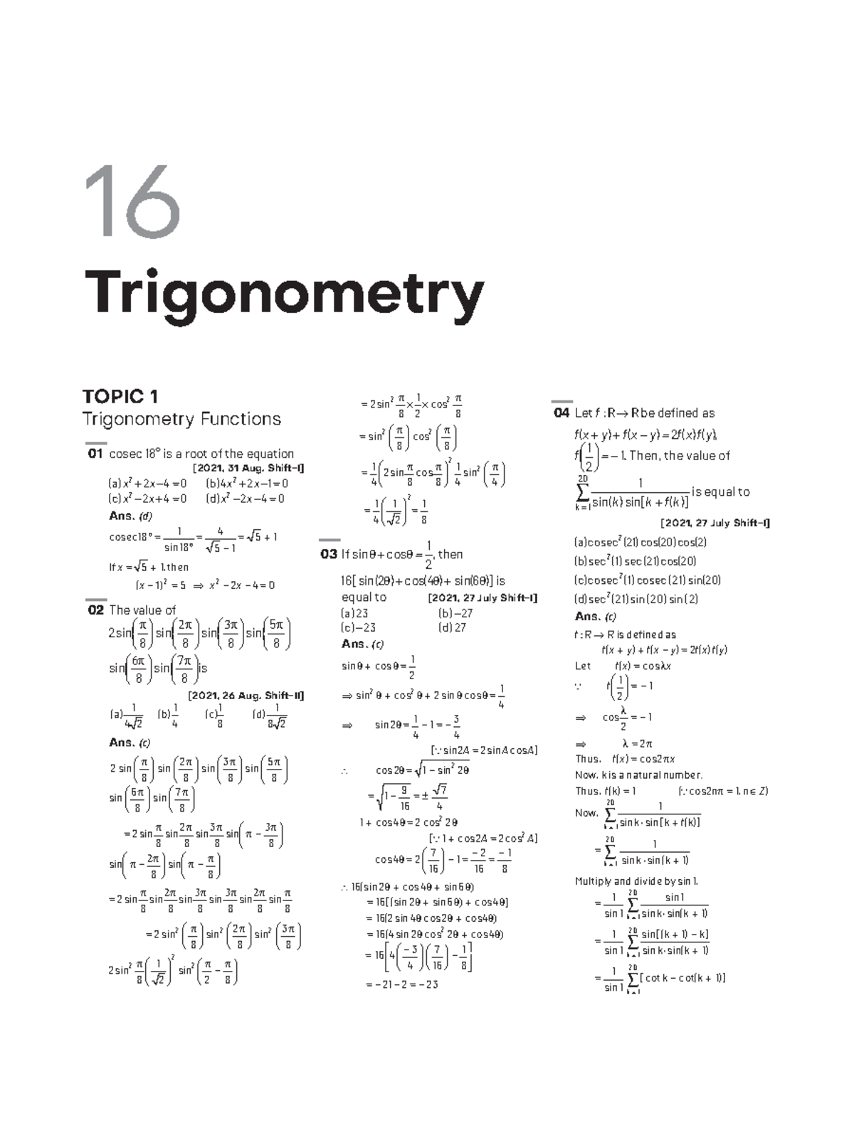 16. Trigonometry - 01 cosec 18° is a root of the equation [2021, 31 Aug ...