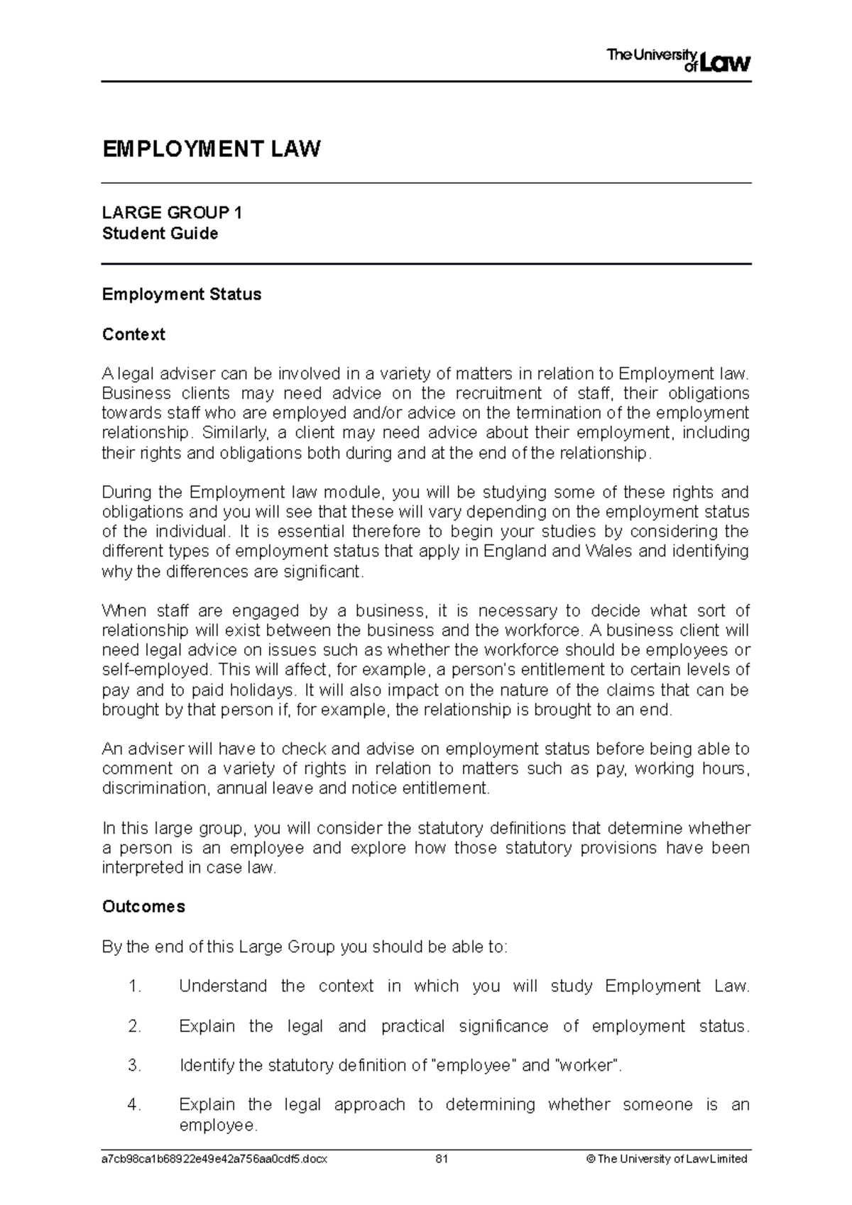 Employment Law LG1 - Lecture notes for Large Group 1 - EMPLOYMENT LAW ...