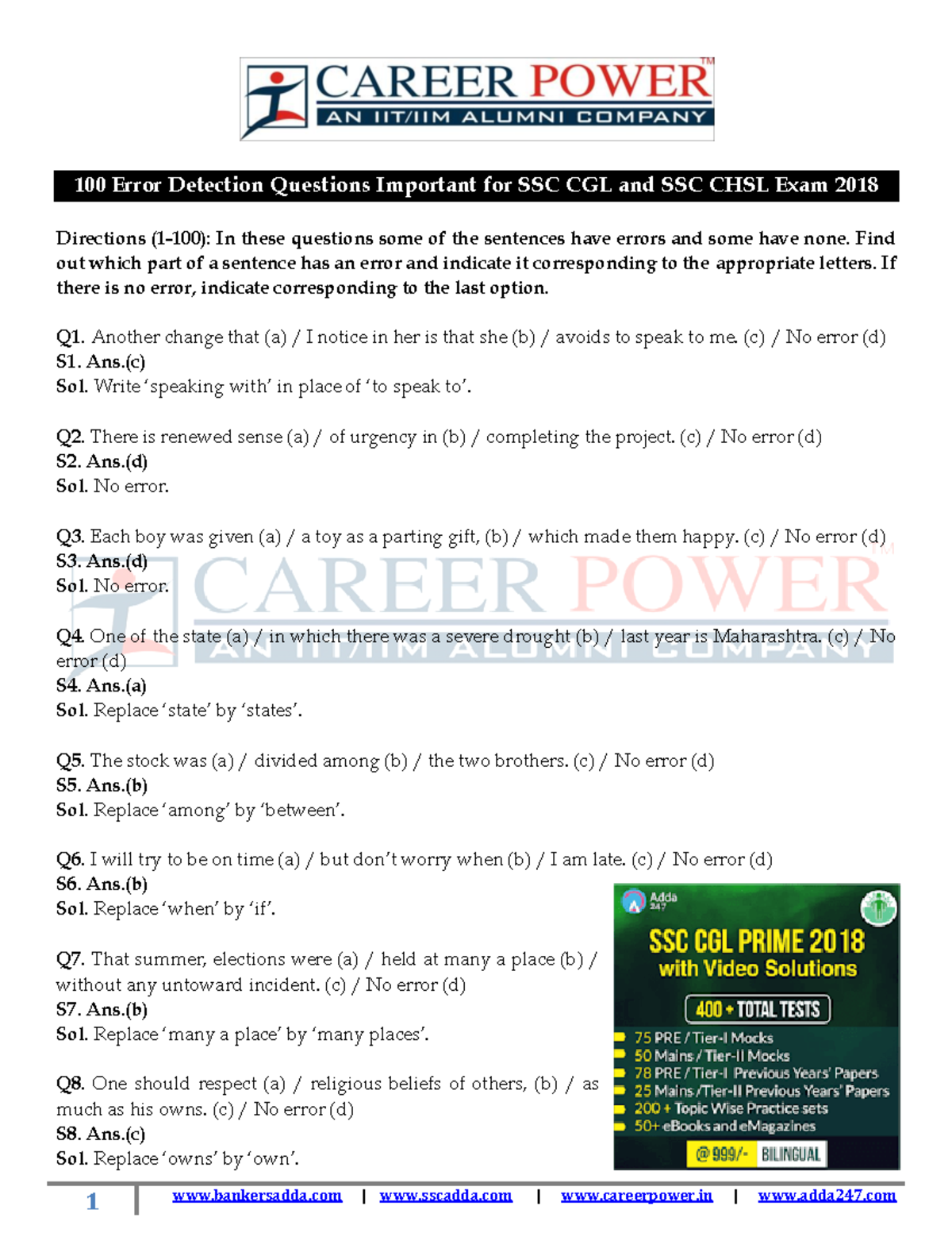 Error Detection Questions Compilation For Ssc Cgl And Ssc Cpo Exam 2018 Error Detection Questions Compilation For Ssc Cgl And Ssc Cpo Exam 2018