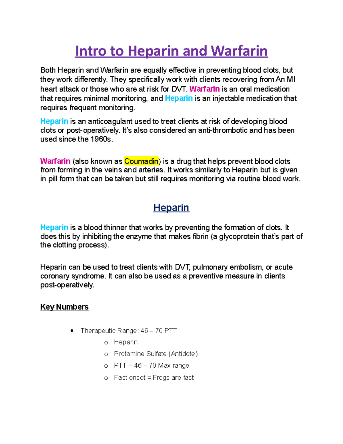 Intro to Heparin and Warfarin Lecture Intro to Heparin and Warfarin