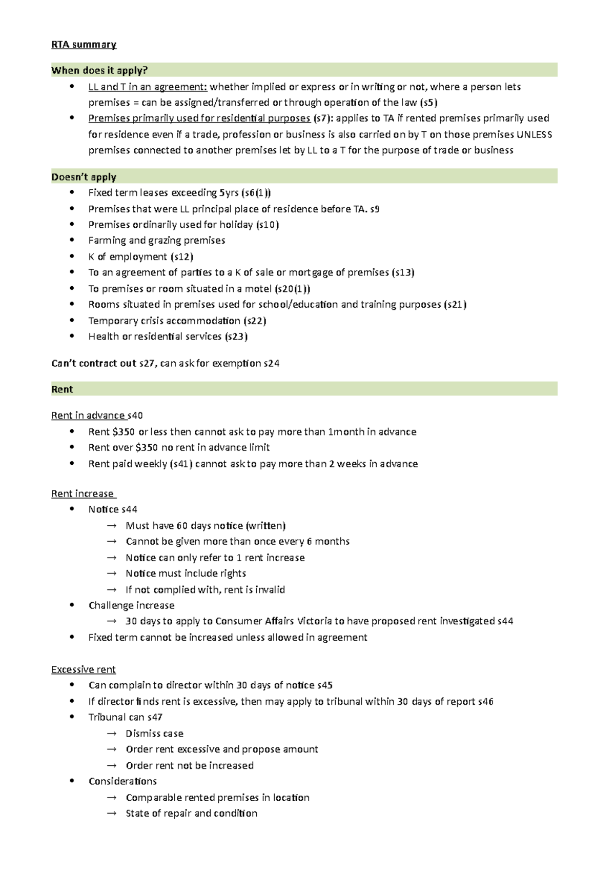 Summary Australian Real Property Law Topic 7, Residential Tenancy Act ...