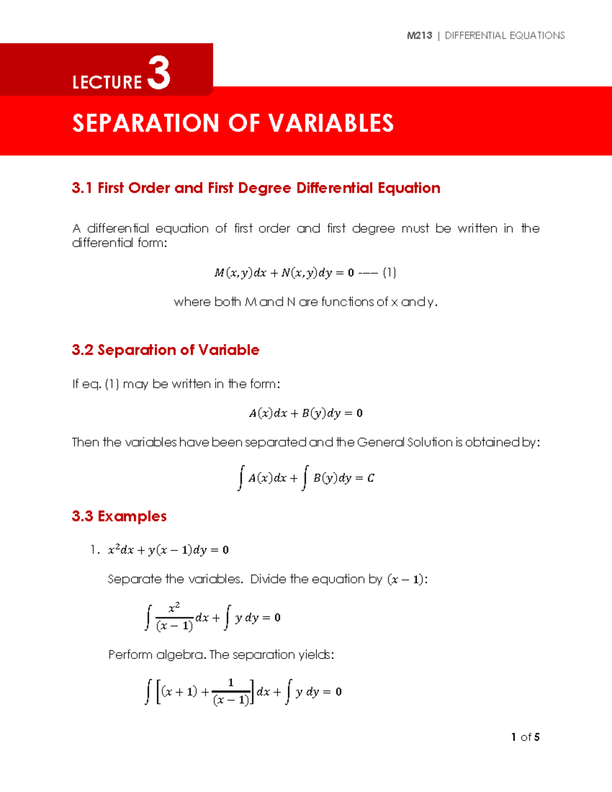 Lecture 3 - Separation of Variables - SEPARATION OF VARIABLES 3 First ...