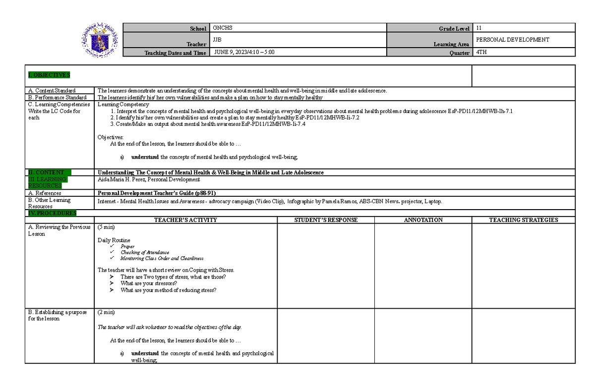 Mental Health- Dlp - School Gnchs Grade Level 11 Teacher Jjb Learning 