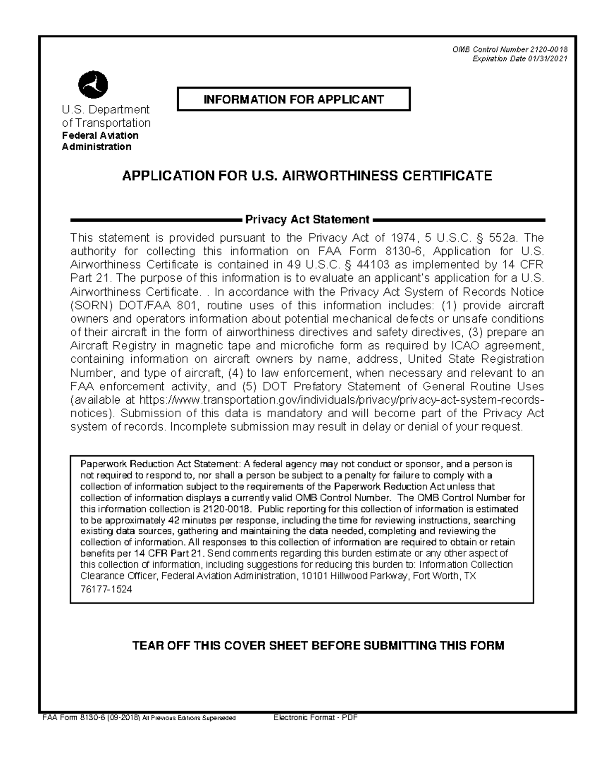 FAA Form 8130-6 - Bbjz - U. Department of Transportation Federal ...