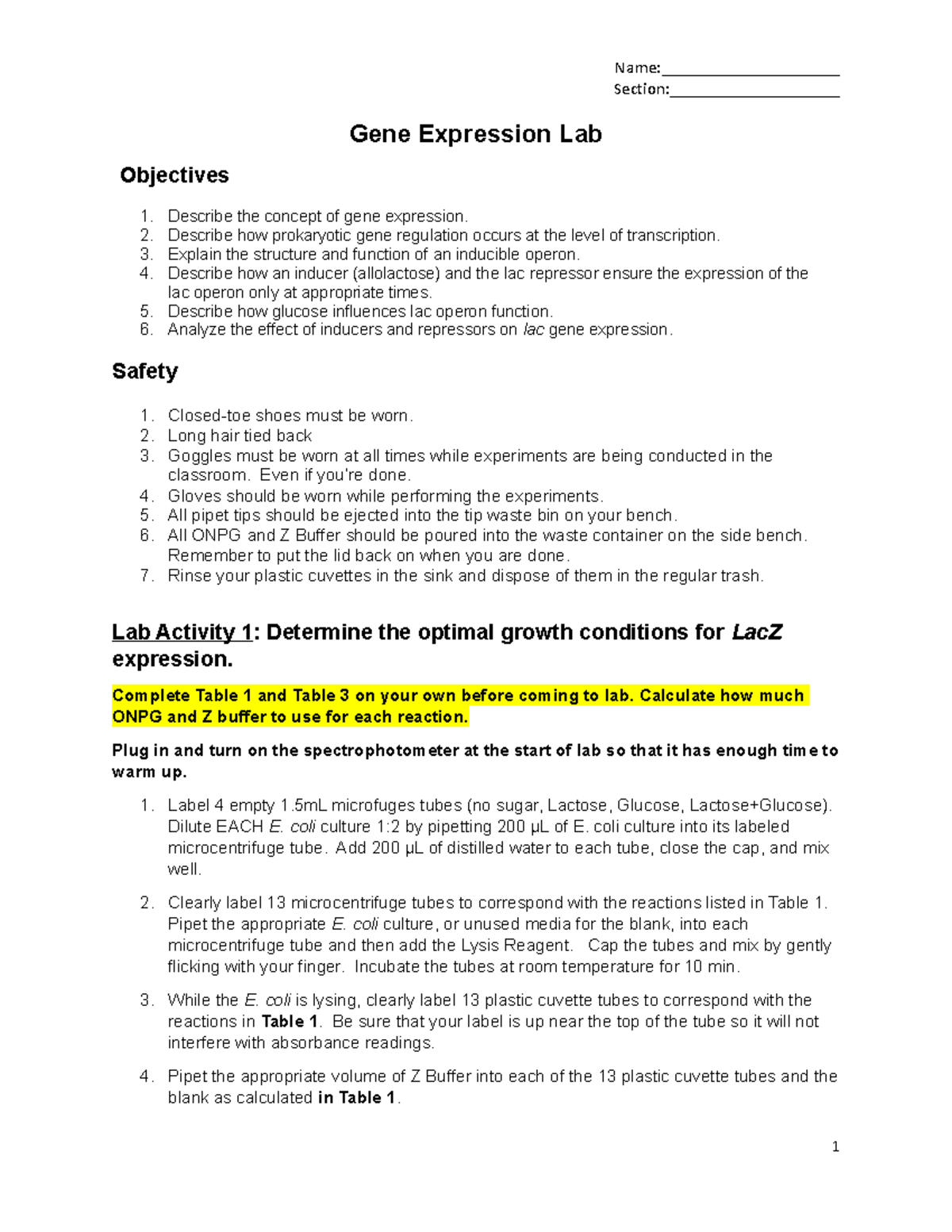 Gene Expression Lab Protocol and Datasheet Section