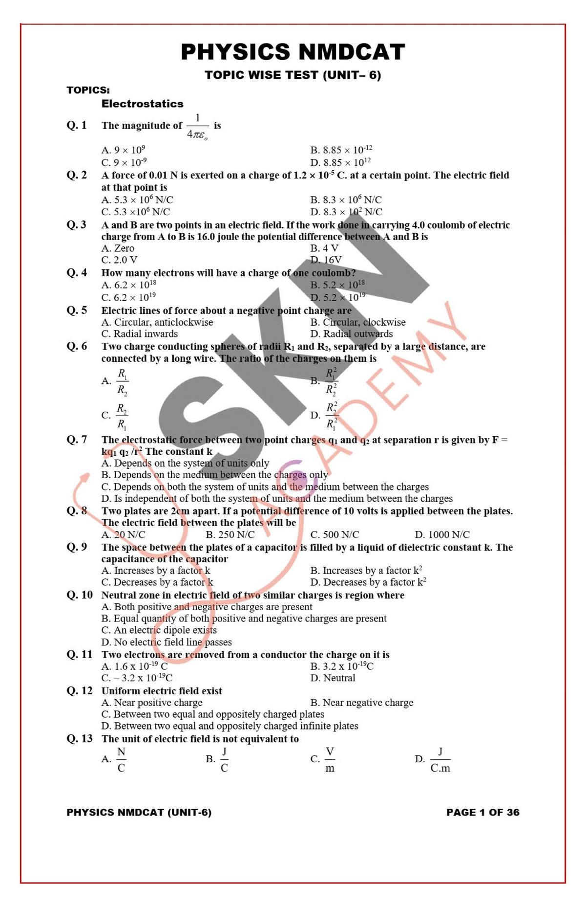 Electrostatics 400 MCQS Worksheet 2021 BY SKN - PHYSICS NMDCAT TOPIC ...