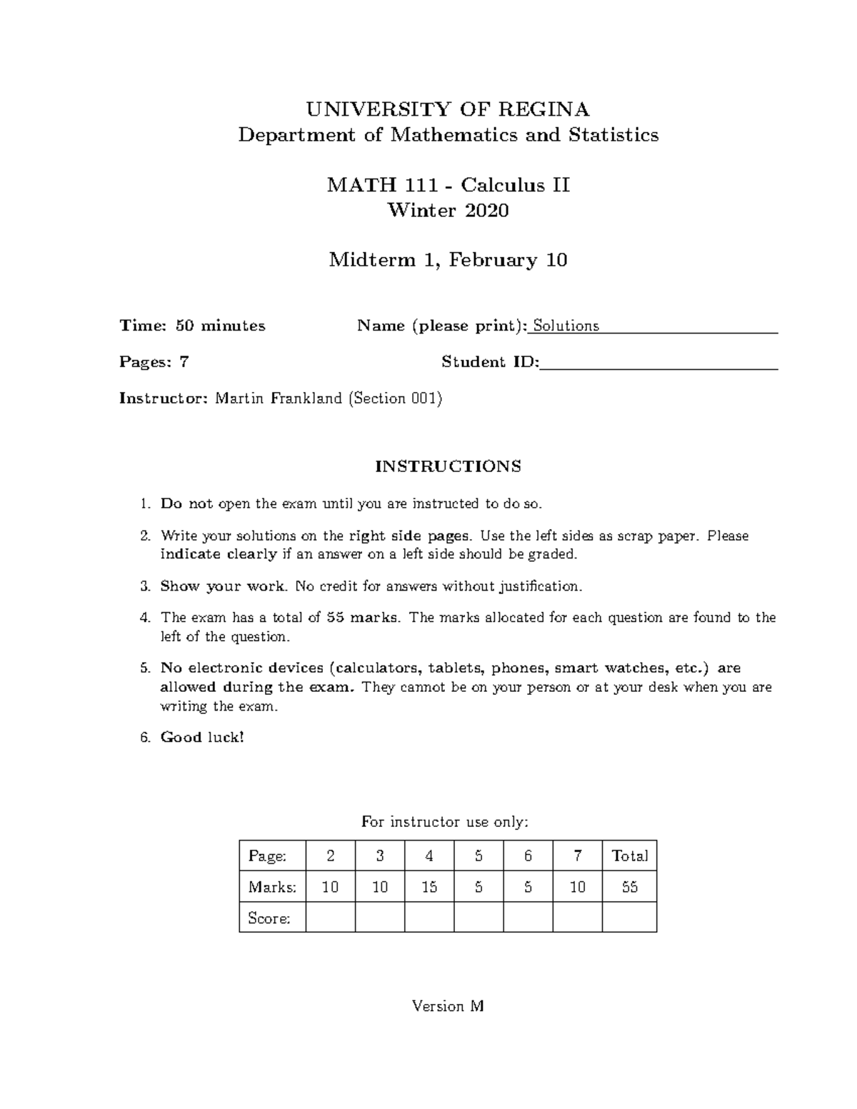 Math 111-W2020-Midterm 1-1-sol - UNIVERSITY OF REGINA Department Of ...