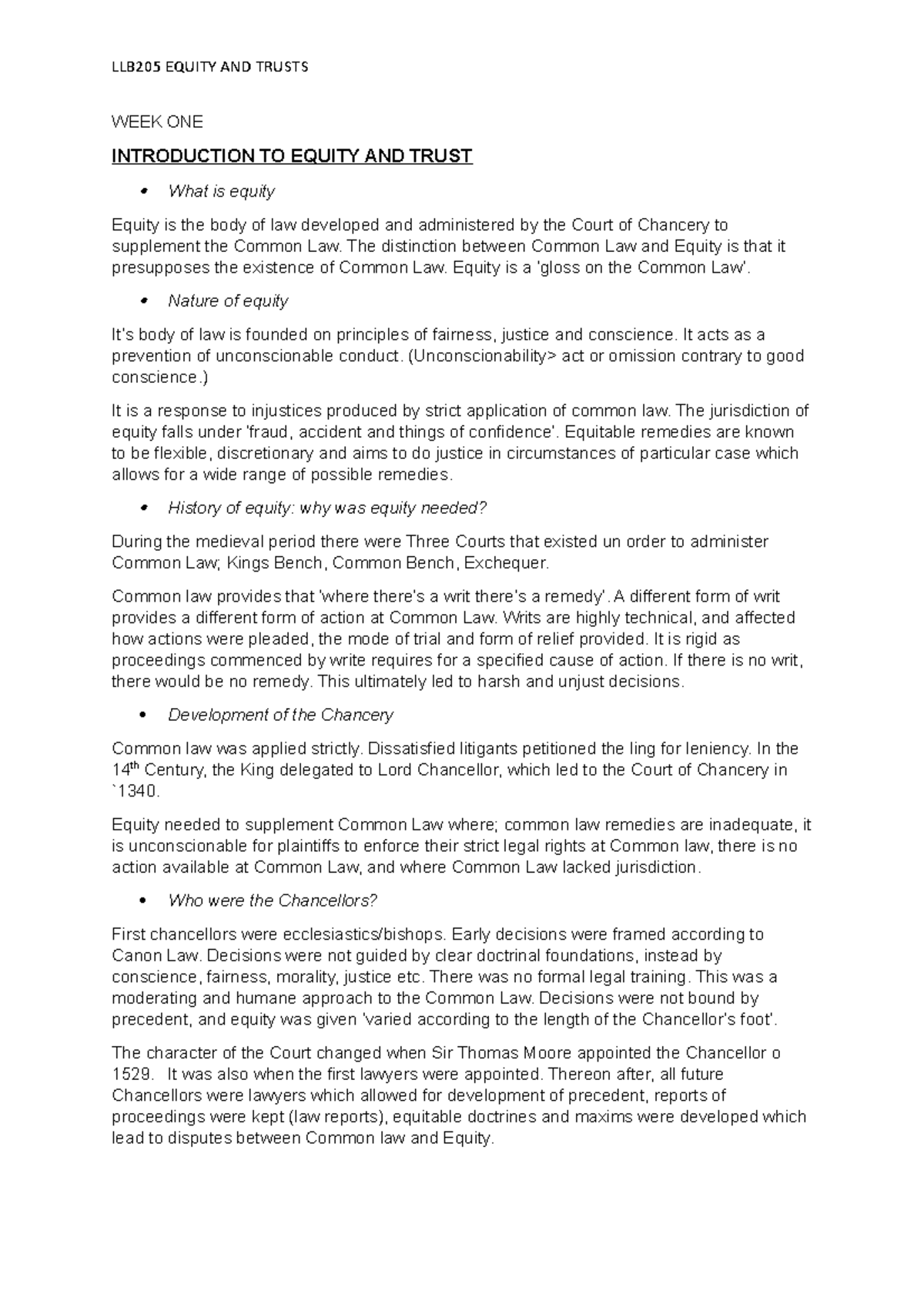 WEEK ONE notes - LLB205 EQUITY AND TRUSTS WEEK ONE INTRODUCTION TO ...