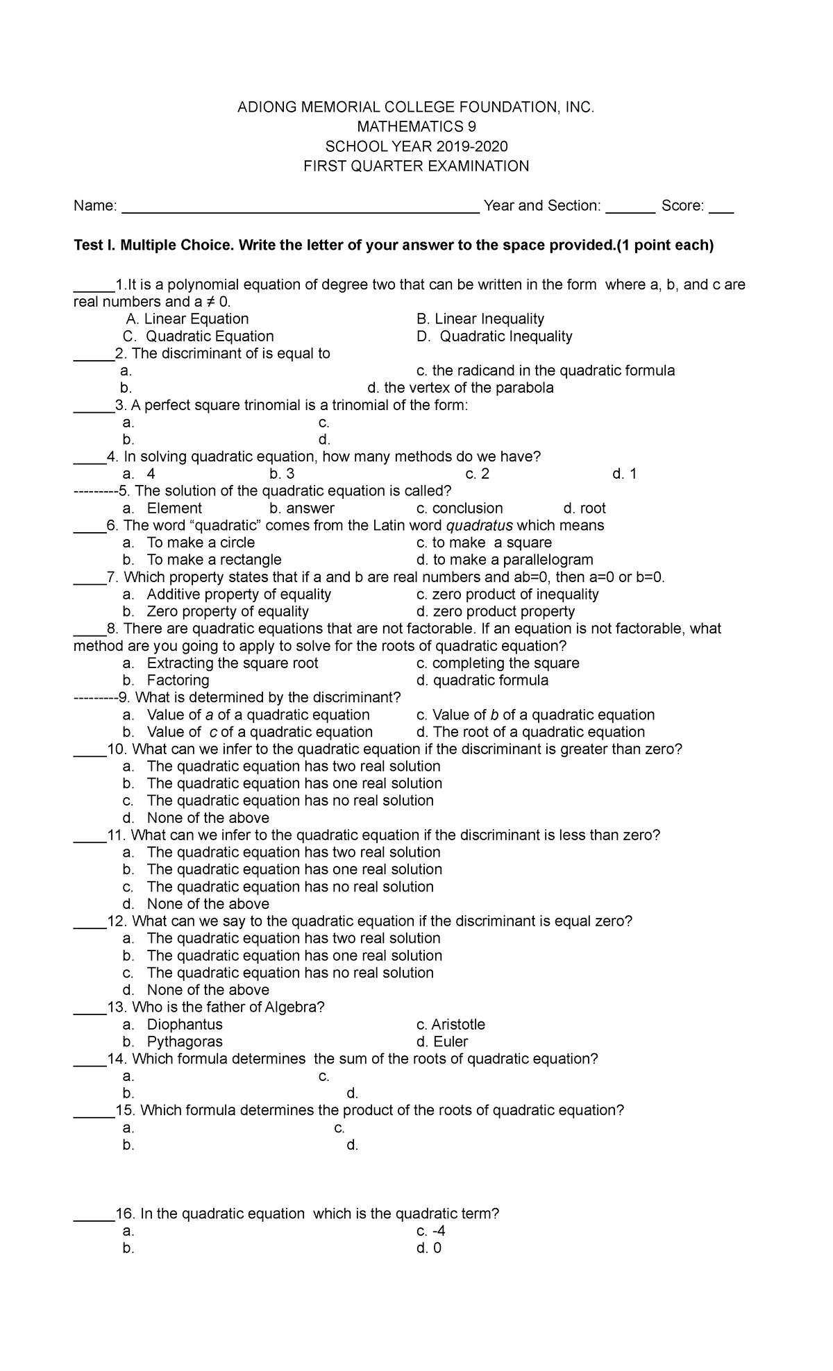 7. First Quarter Examination IN MATH 9 - ADIONG MEMORIAL COLLEGE ...