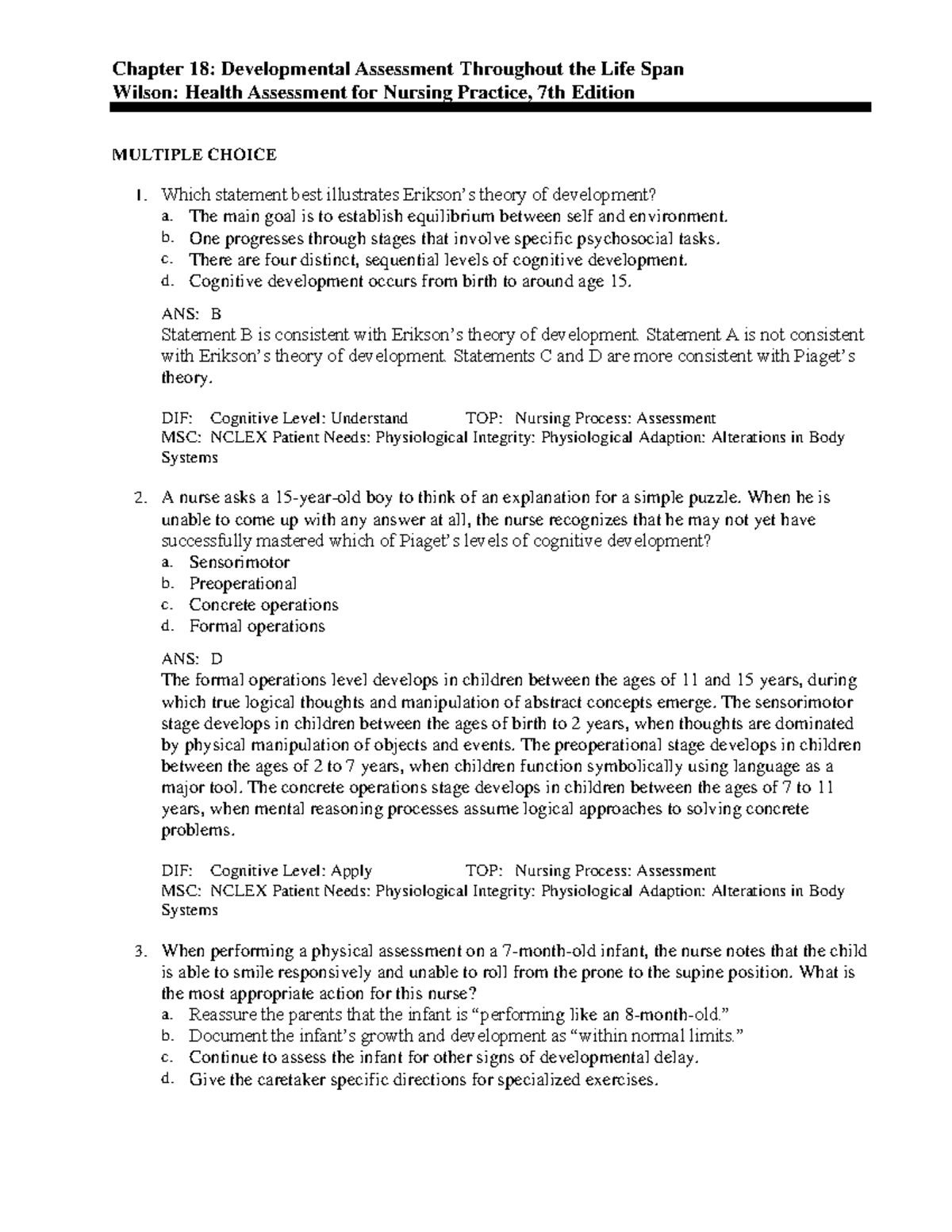 18 Health Assessment Test Bank - Chapter 18: Developmental Assessment 