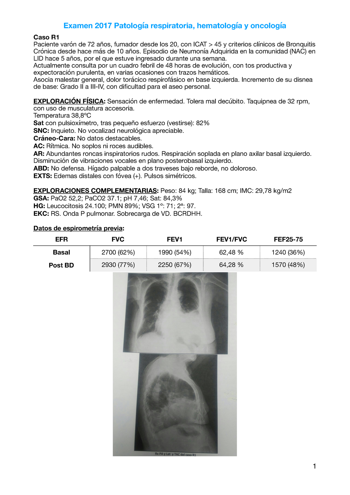Examen 2017 Caso R Paciente Varón De 72 Años Fumador Desde Los 20