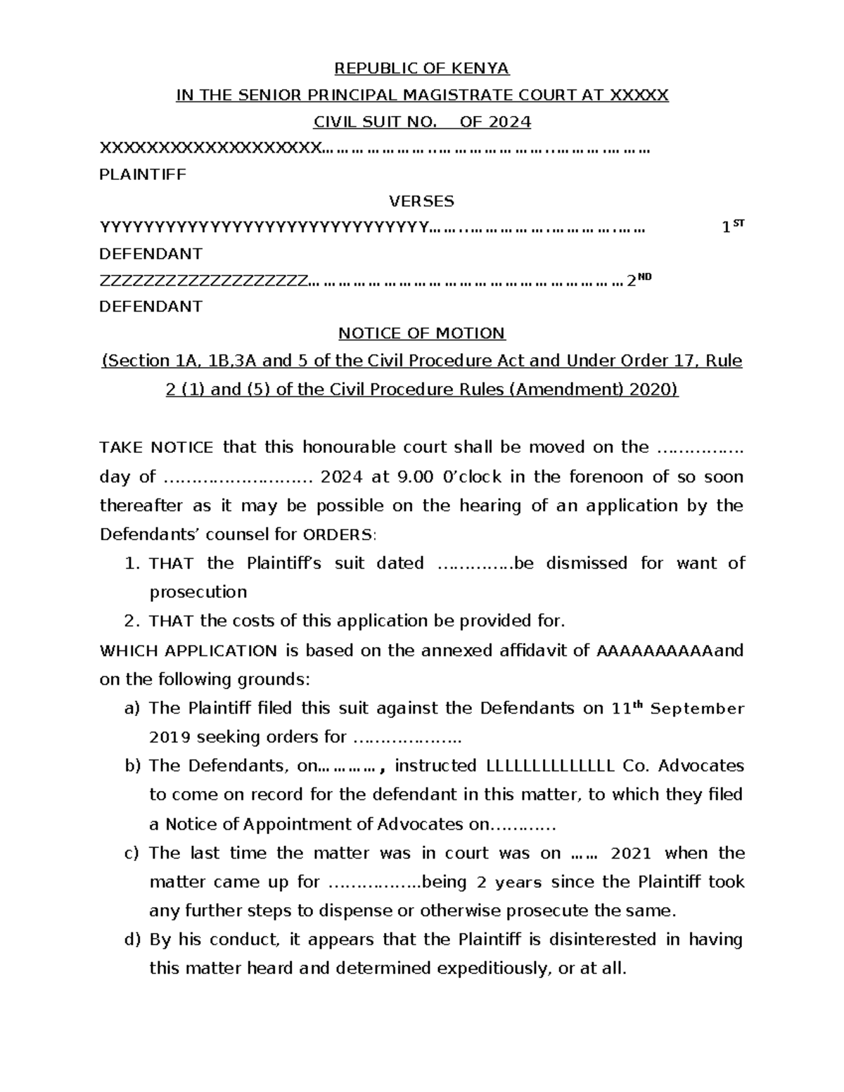 Application for dismissal for want of prosecution - REPUBLIC OF KENYA ...