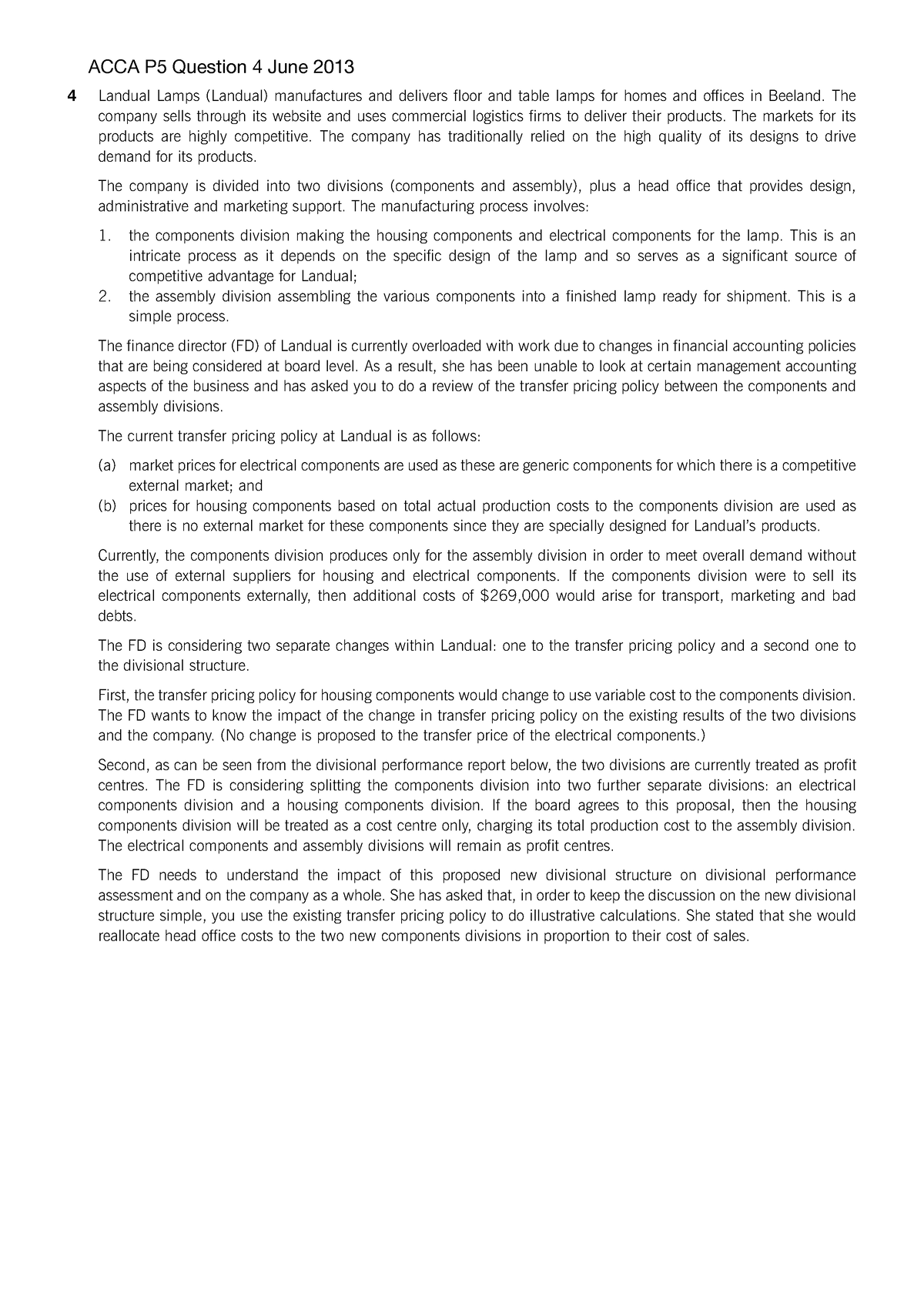 ACCA P5 Question 4 June 2013 qa 4 Landual Lamps Landual