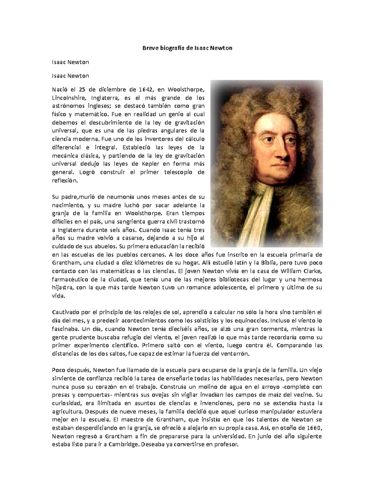 Breve Biografía De Isaac Newton Breve Biografía De Isaac Newton Isaac