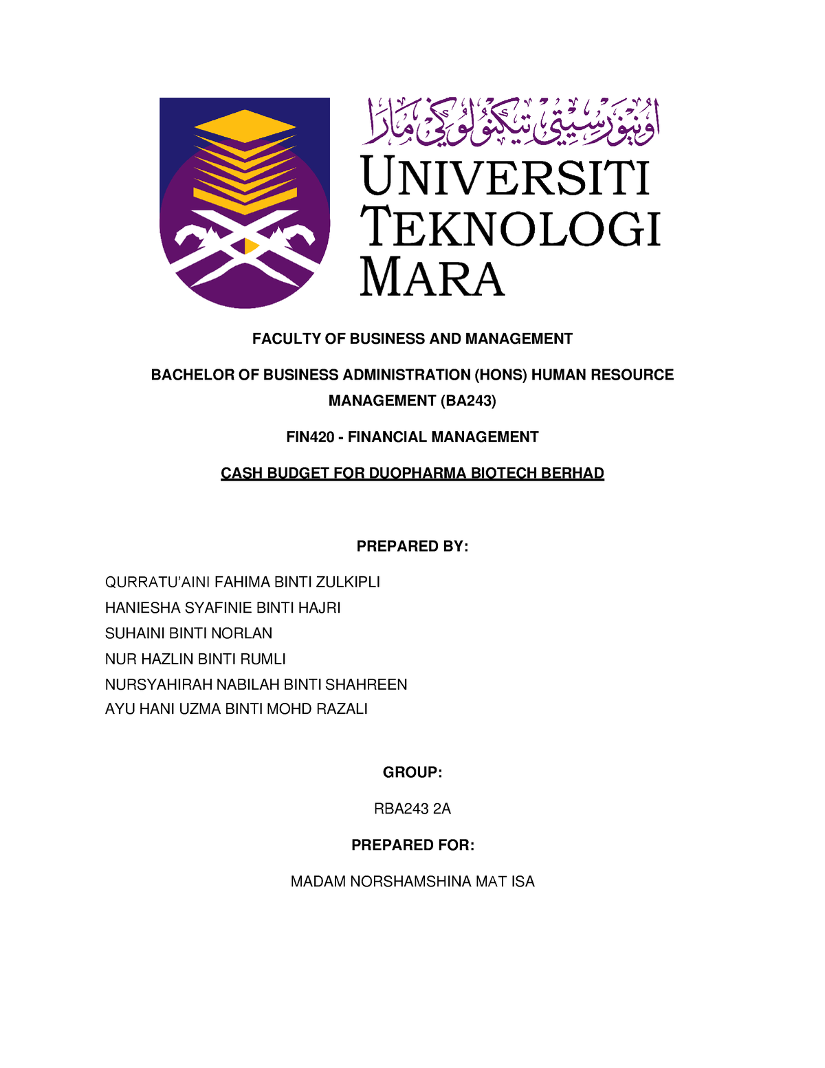 cash budget assignment fin 420