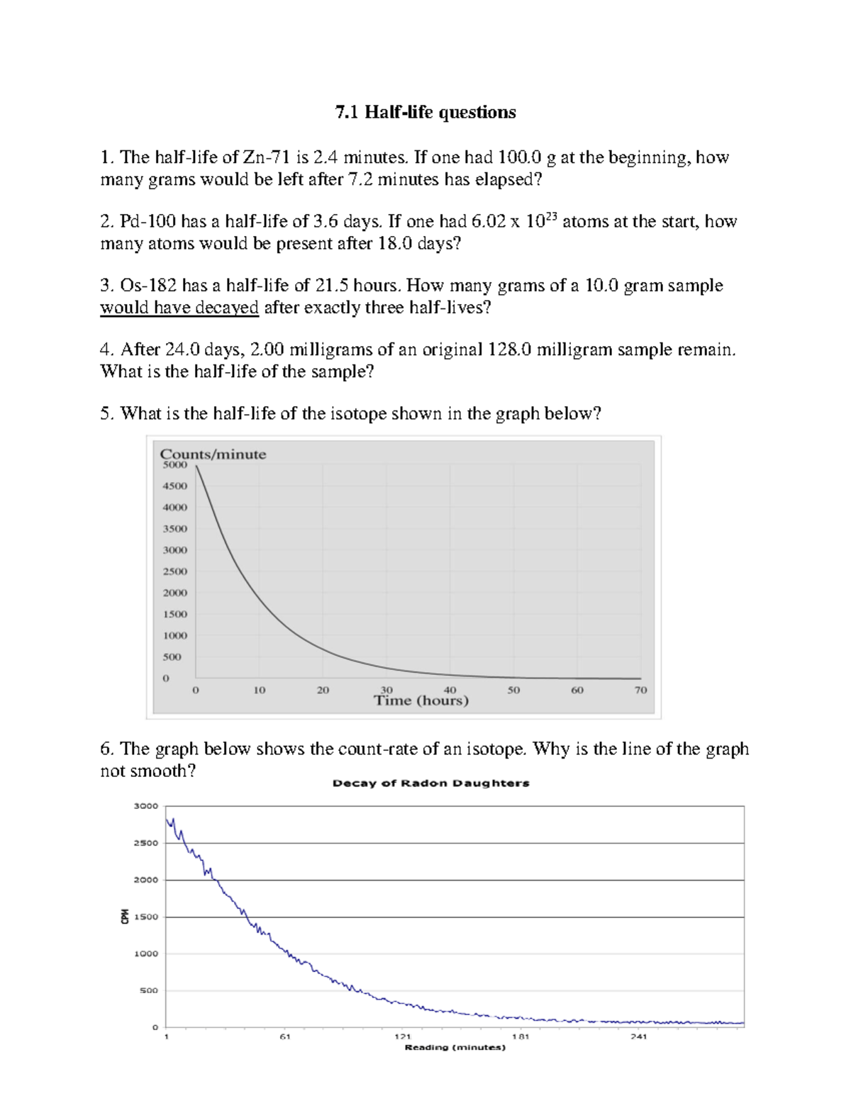 Half Life Questions - 7 Half-life questions The half-life of Zn-71 is 2 ...