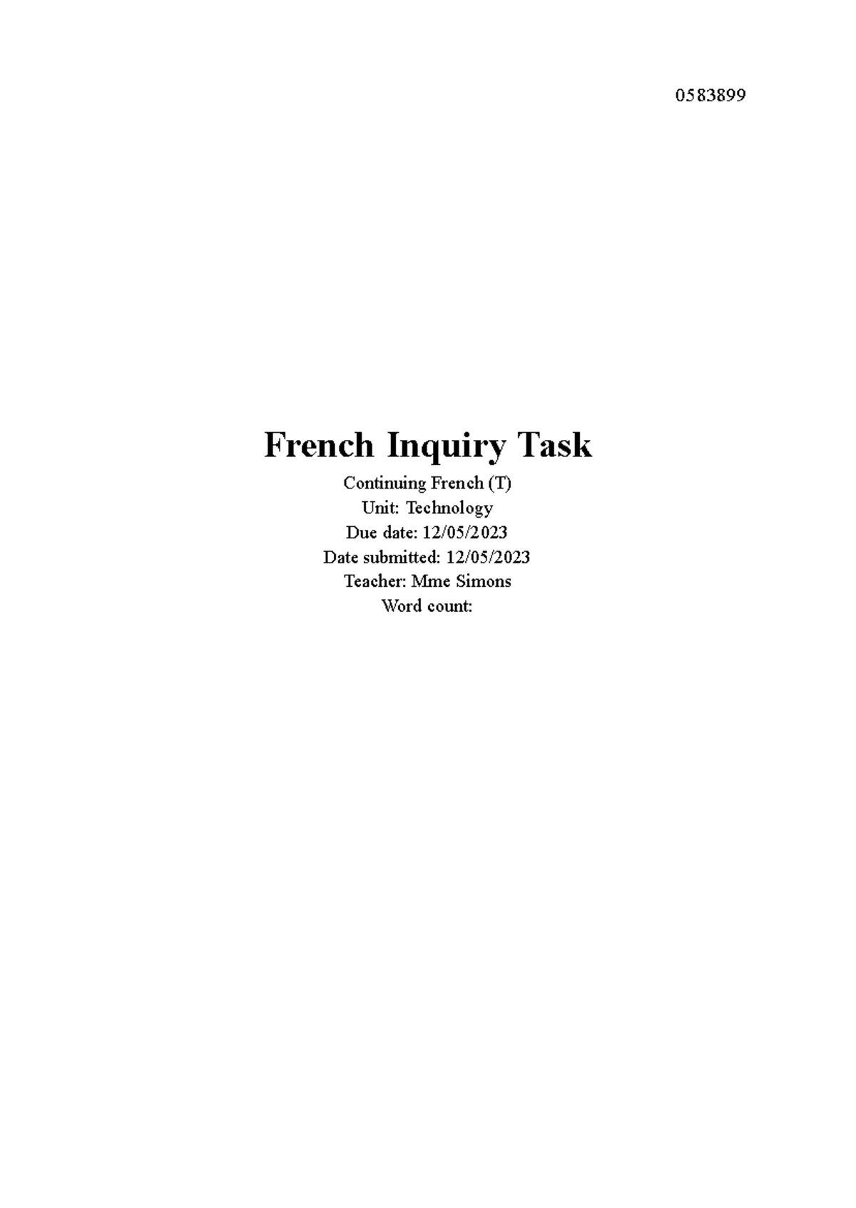 French Inquiry 3 0583899 French Inquiry Task Continuing French (T