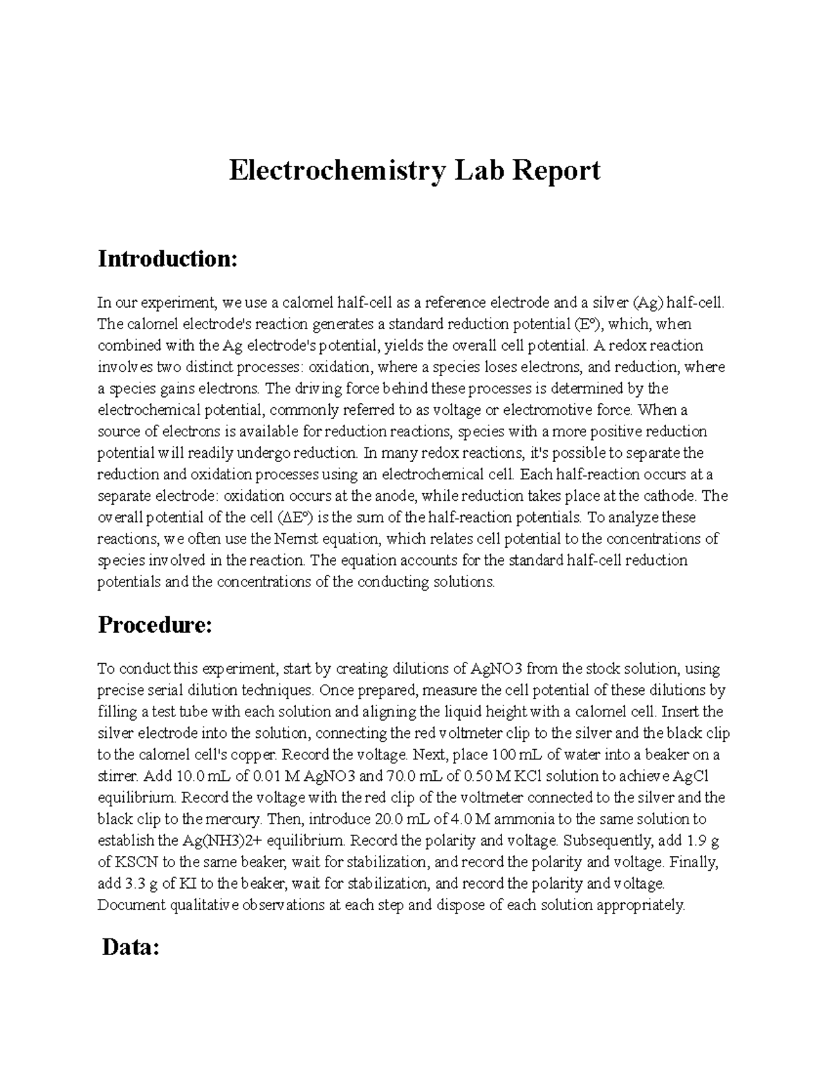 Electrochemistry Lab Report Electrochemistry Lab Report Introduction