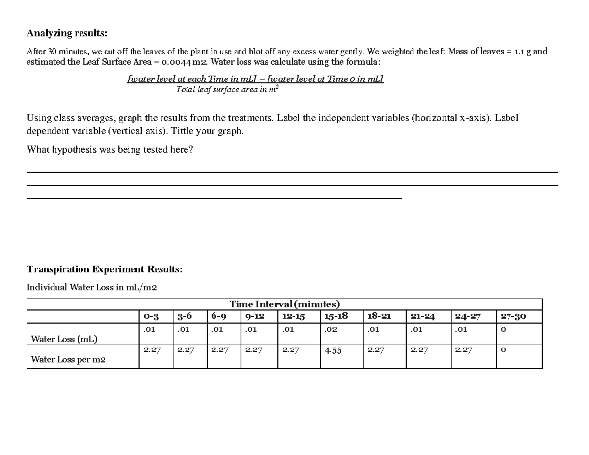 Transpiration Experiment Data and Analysis Analyzing results After 30 minutes, we cut off the