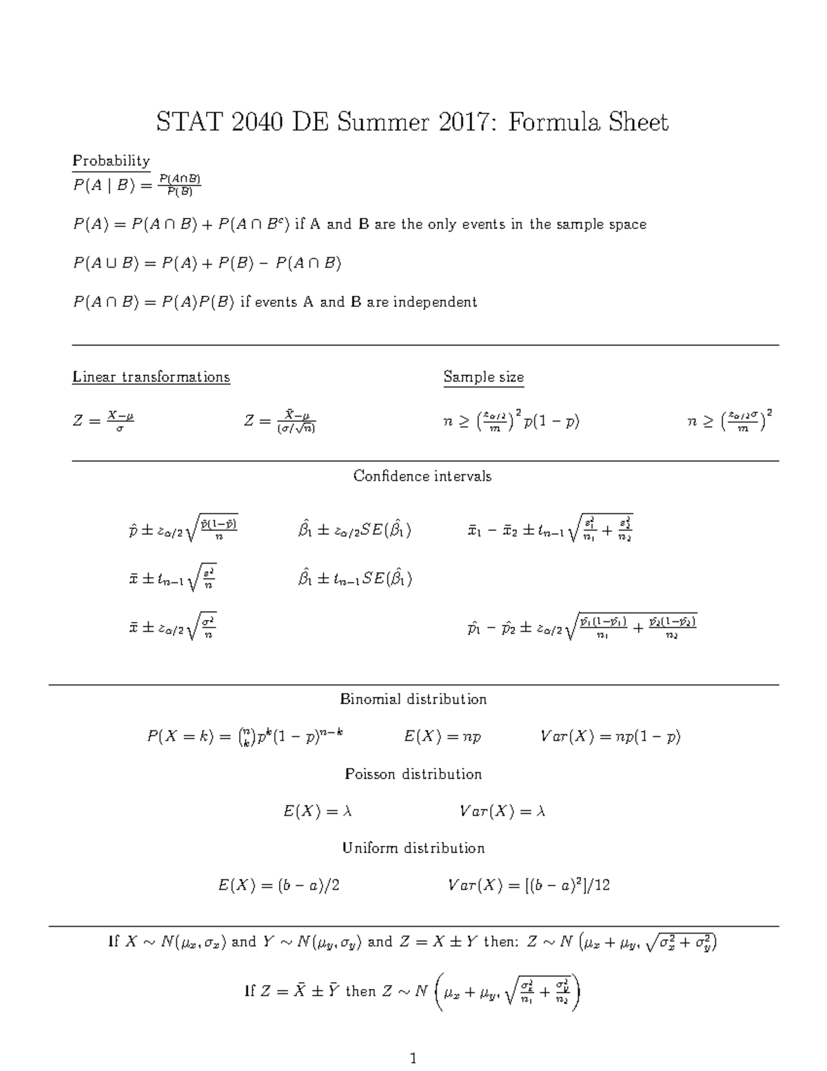 Formula Sheet - STAT 2040 DE Summer 2017: Formula Sheet Probability P ...