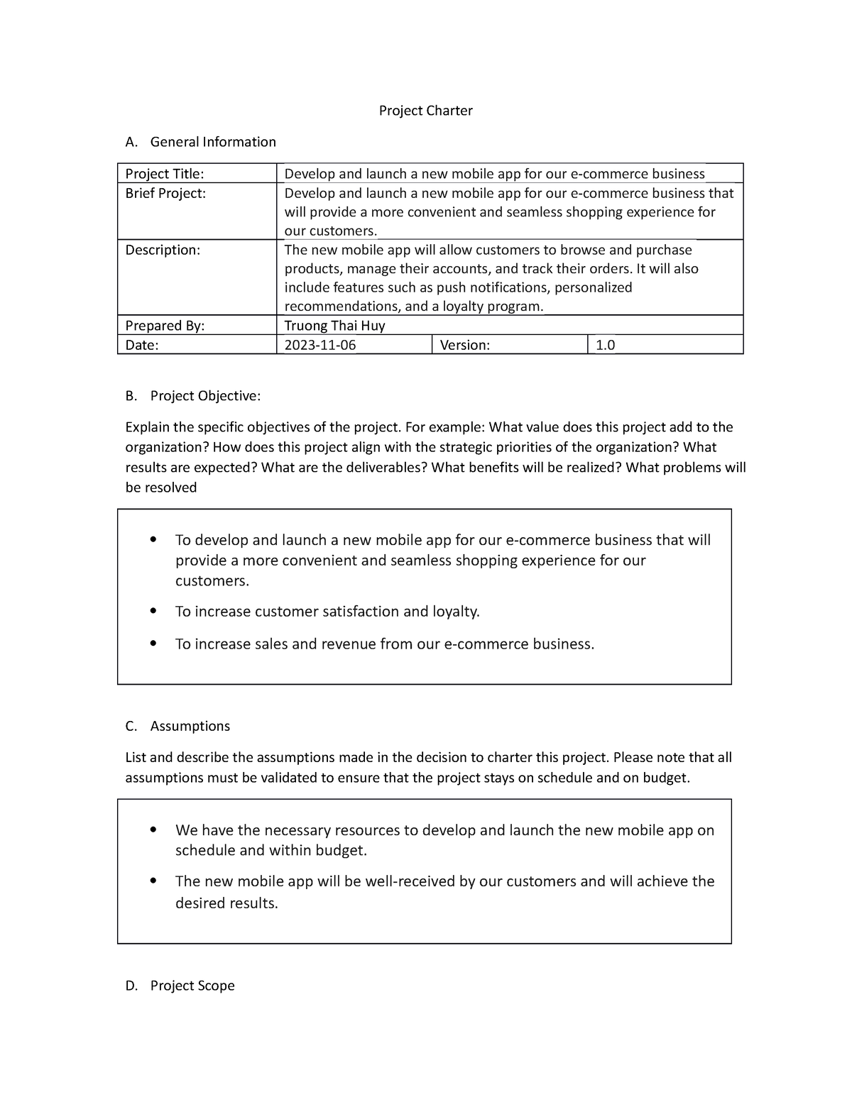 Project Charter - asd - Project Charter A. General Information Project ...