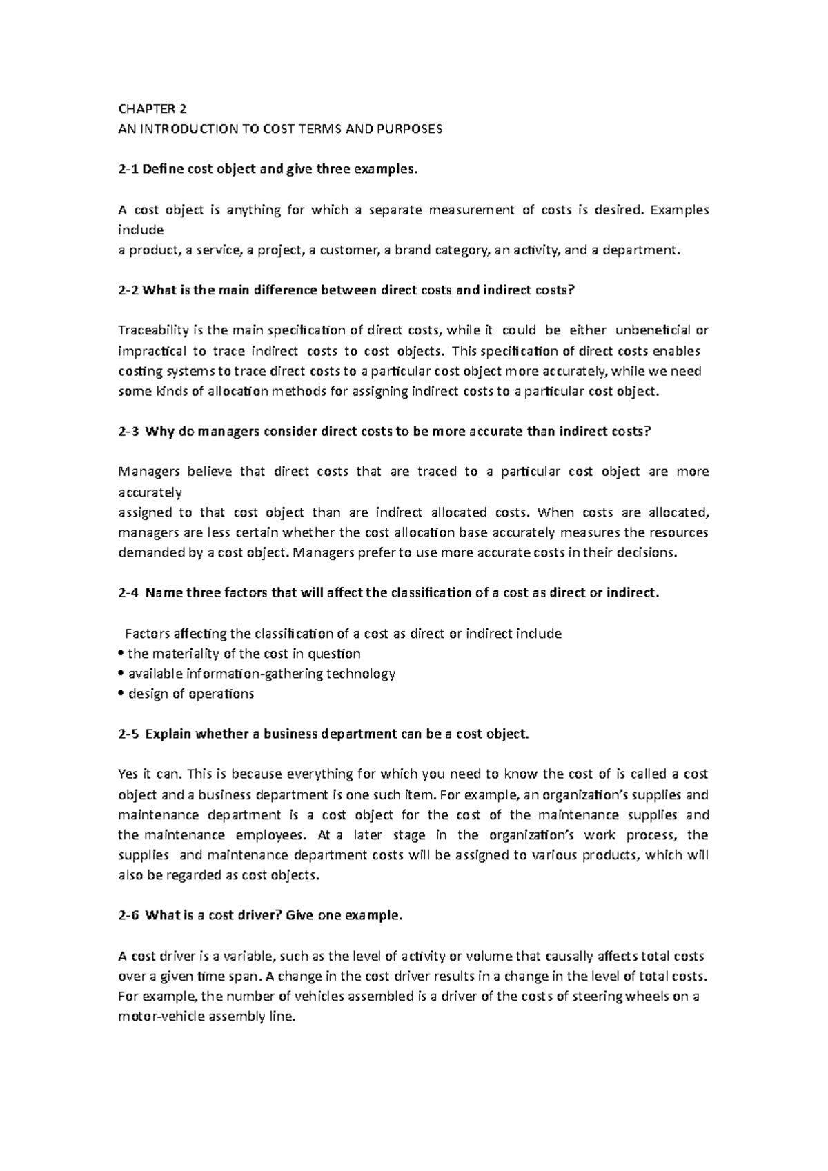 Chapter 2 cost accounting - CHAPTER 2 AN INTRODUCTION TO COST TERMS AND ...