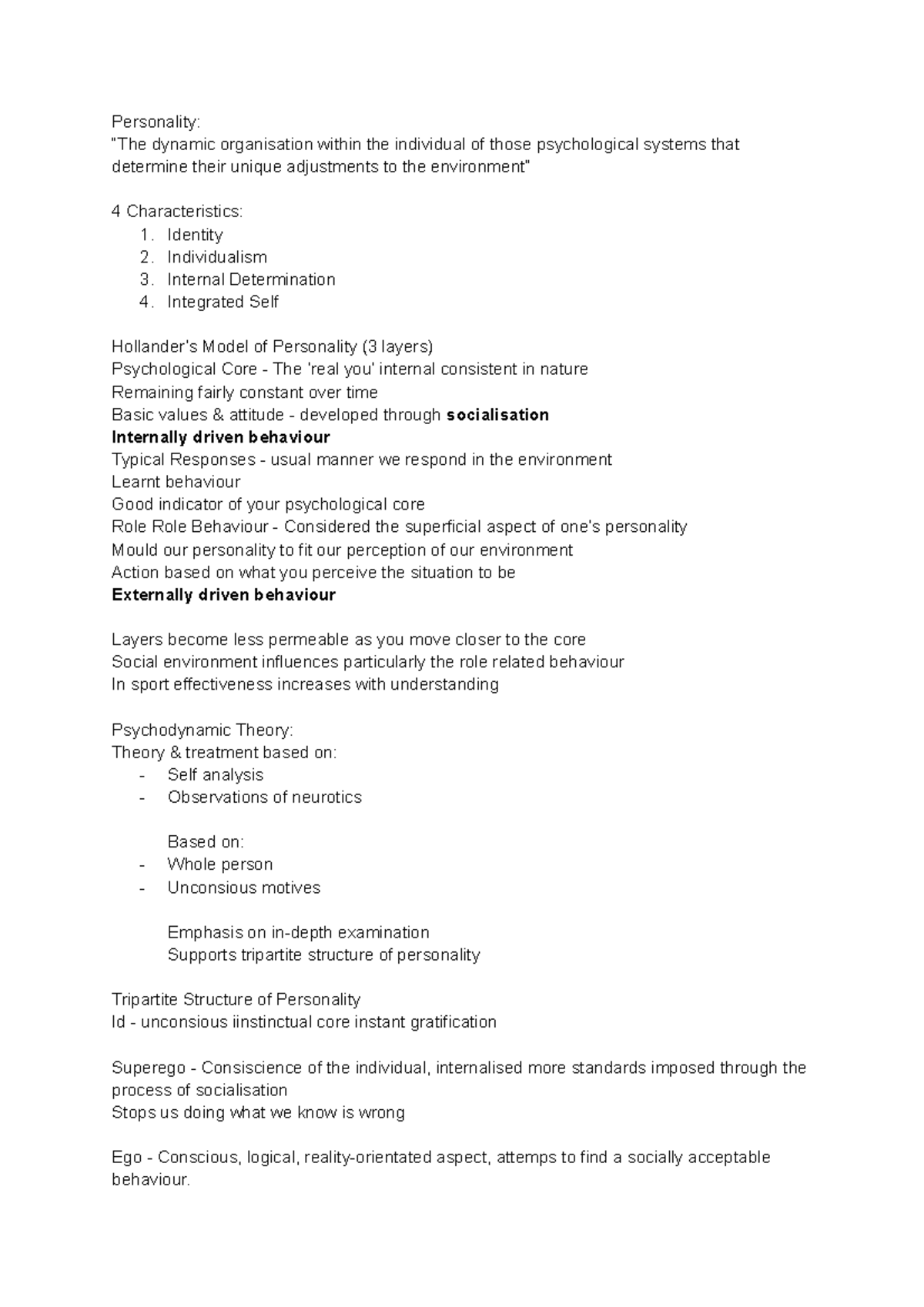 Psychology Week 1 - Lecture notes - Personality: “The dynamic ...