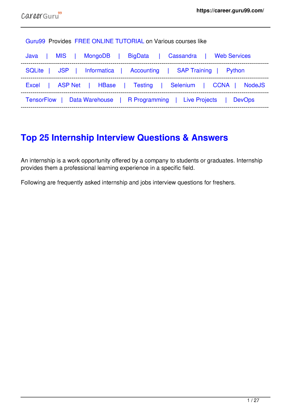 Internship-interview-questions - Guru99 Provides FREE ONLINE TUTORIAL ...