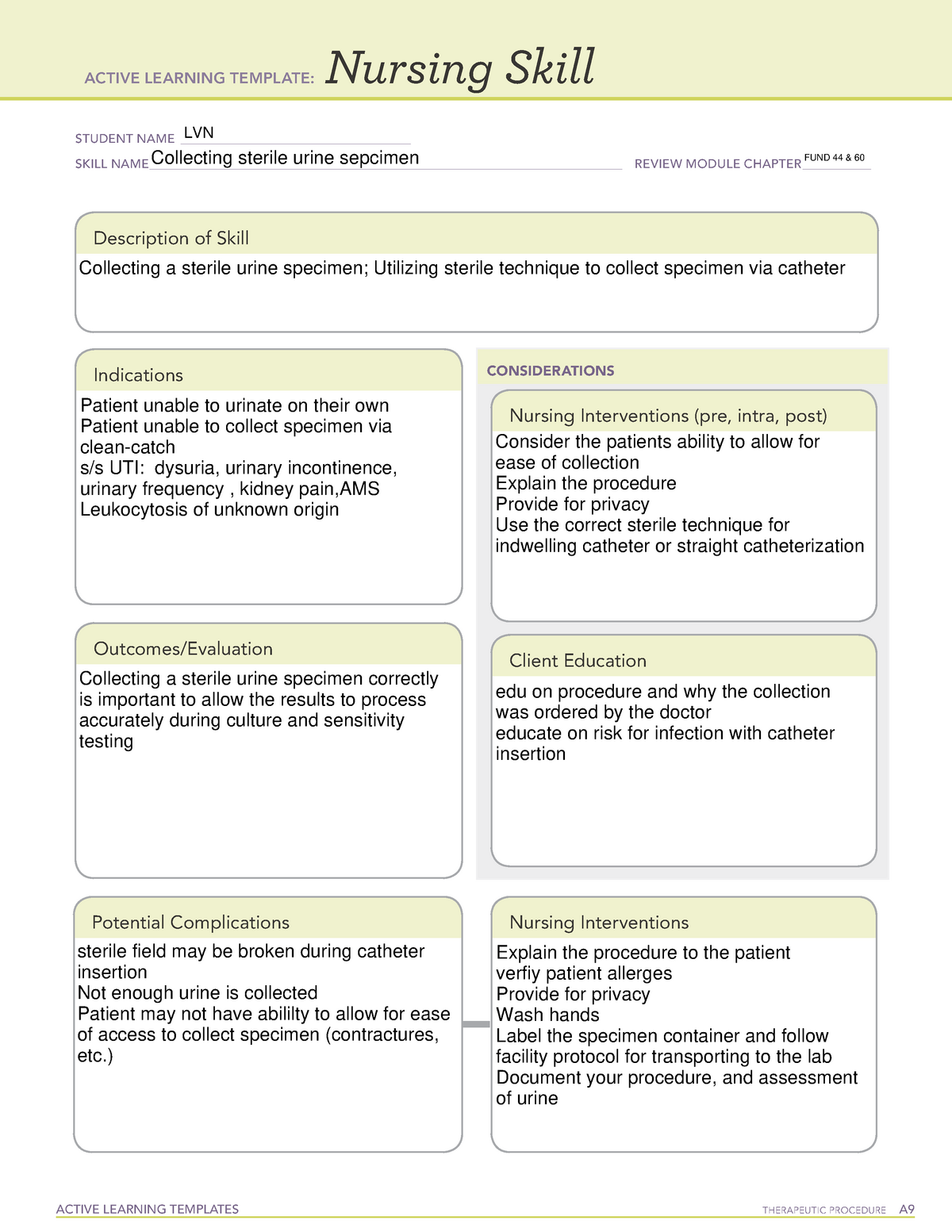 Collecting sterile urine specimen template ACTIVE LEARNING TEMPLATES
