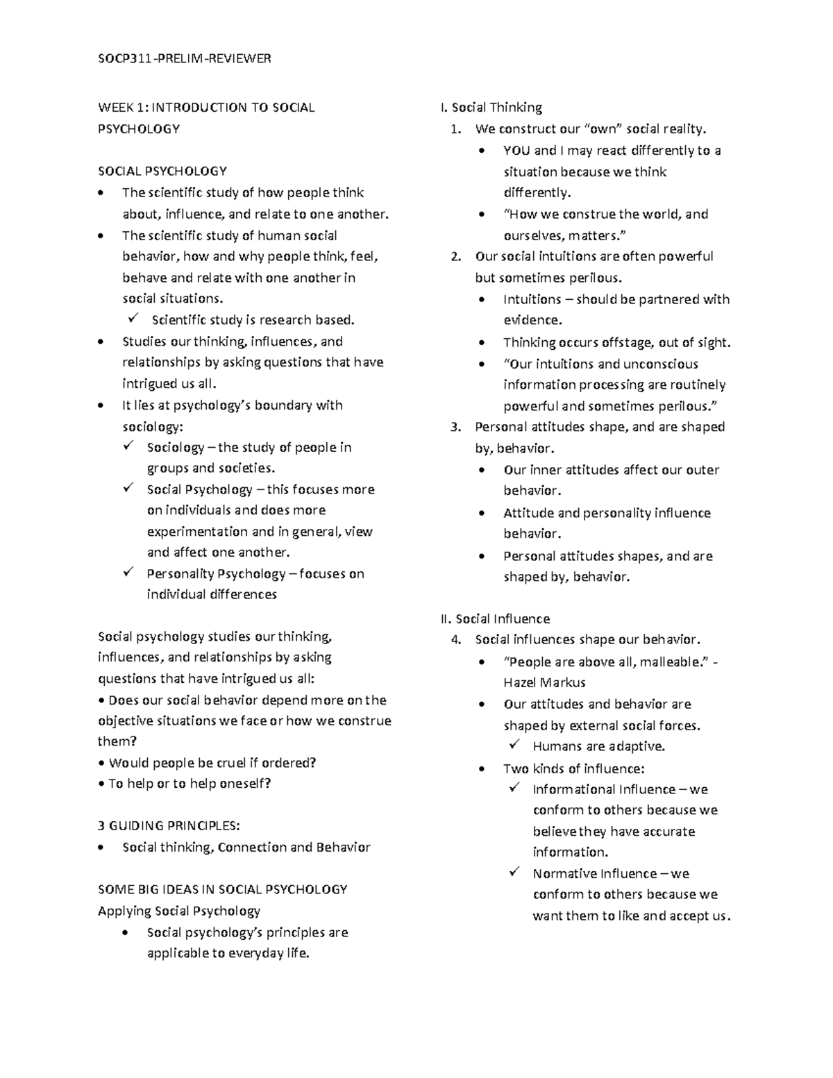SOCP- Prelim- Reviewer 2 - WEEK 1: INTRODUCTION TO SOCIAL PSYCHOLOGY ...