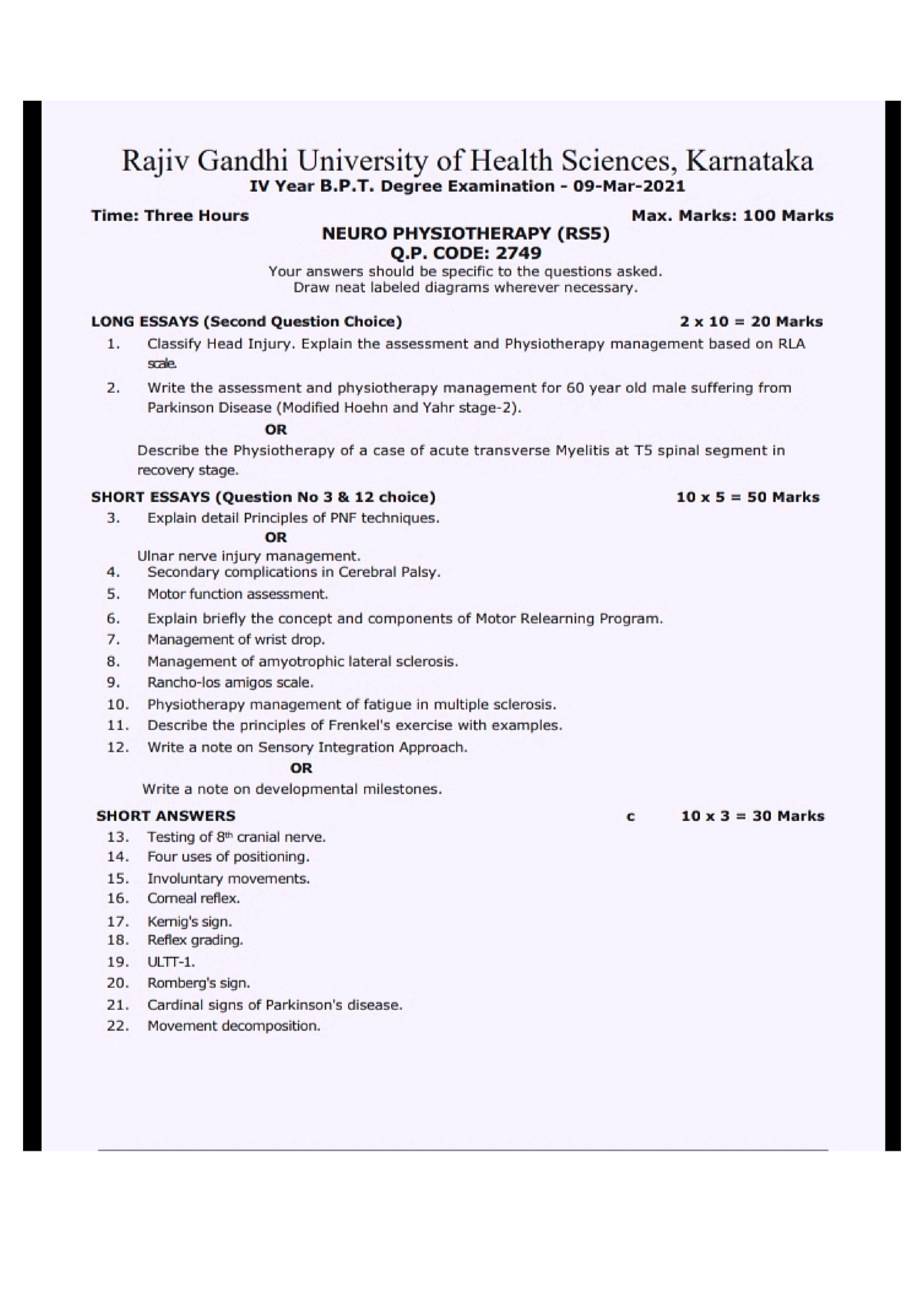 phd entrance question paper physiotherapy