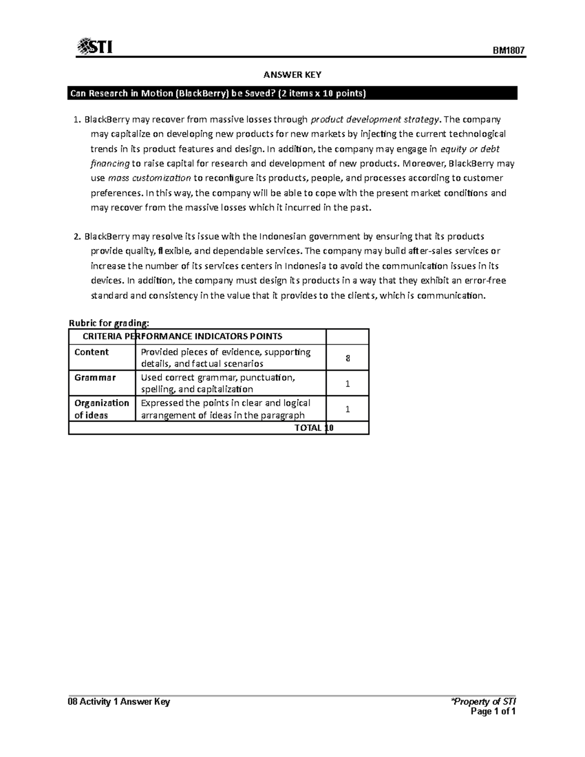 08 Activity in strategic management year 2020 - BM ANSWER KEY Can ...