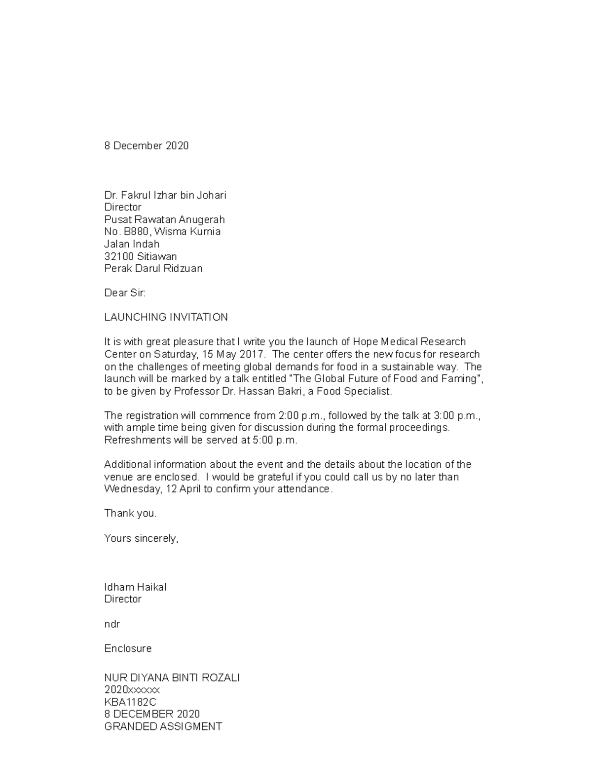 Business Letter OBM121 - 8 December 2020 Dr. Fakrul Izhar bin Johari ...