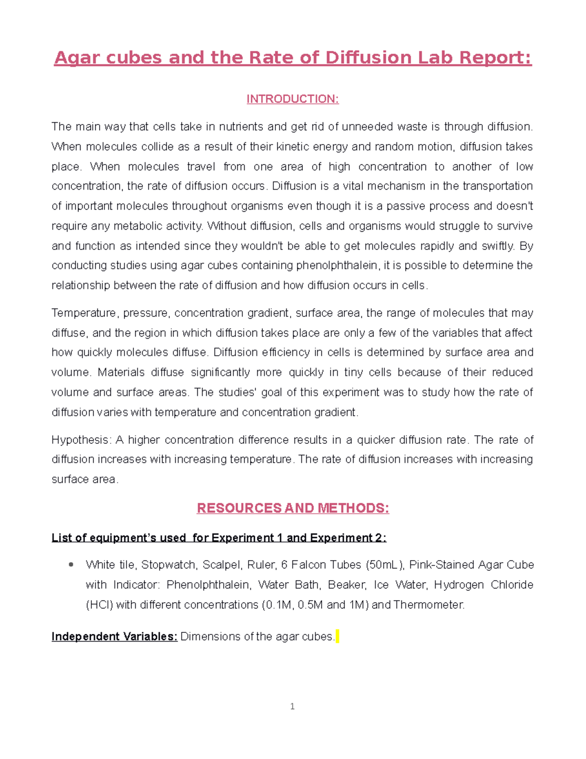LAB Report For Study skills Agar cubes and the Rate of Diffusion Lab