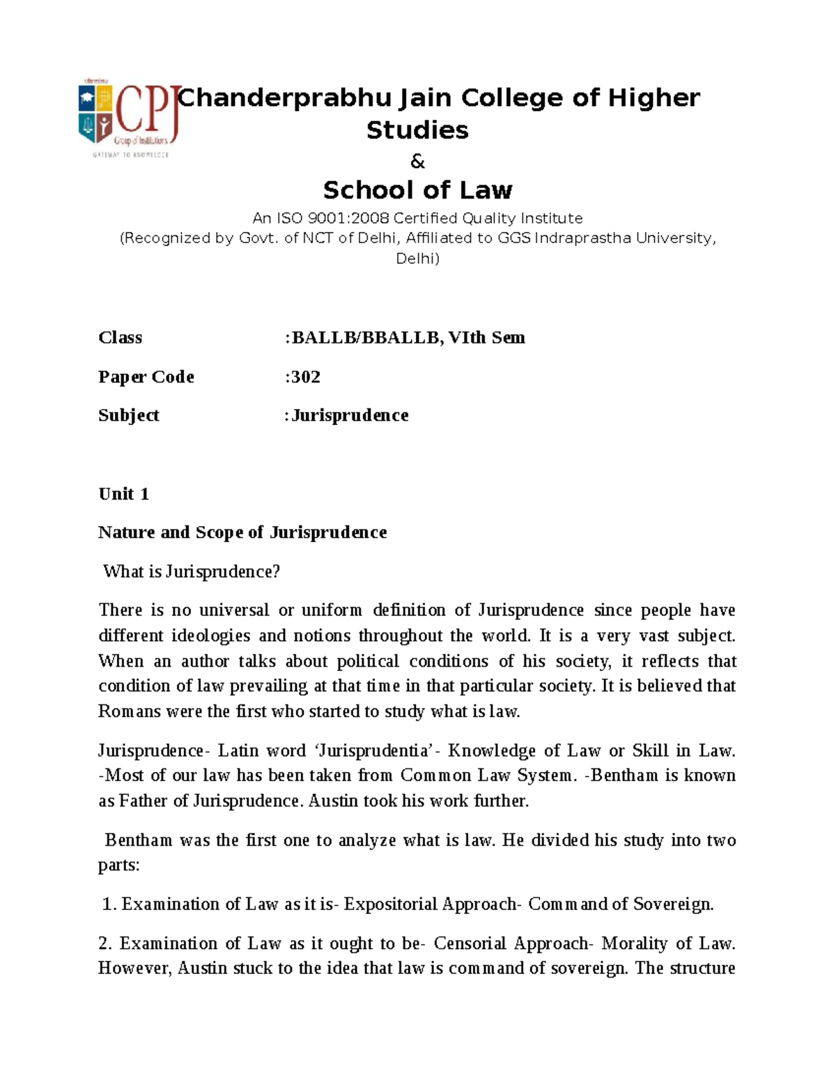 Jurisprudence - Notes - Studies & School Of Law An ISO 9001:2008 ...