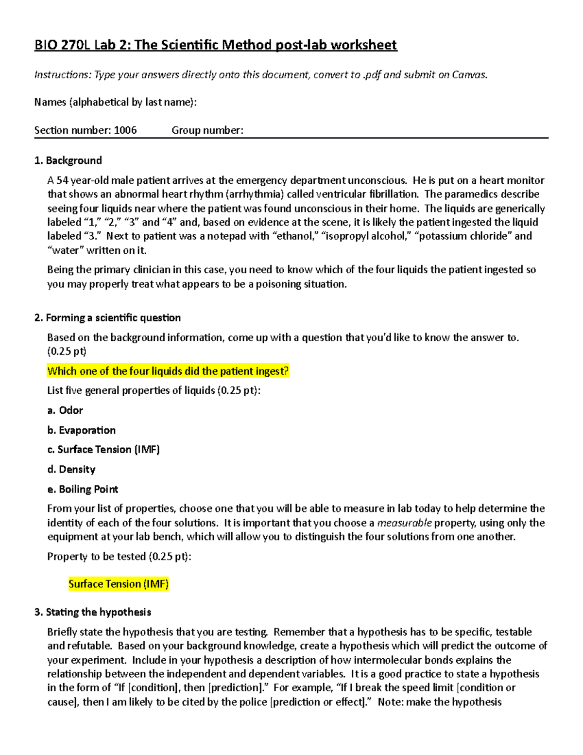 Lab 2 The Scientific Method post-lab worksheet - BIO 270L Lab 2: The ...