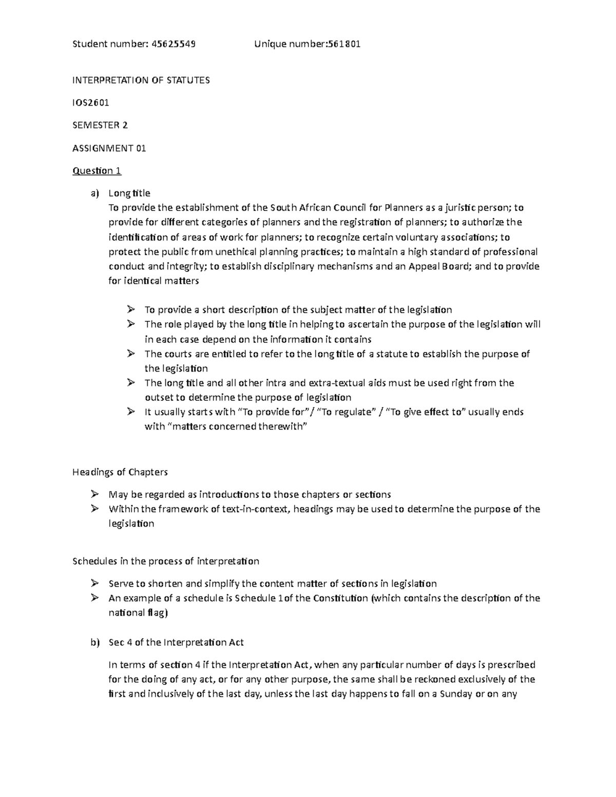 Interpretation OF Statutes Student number 45625549 Unique number