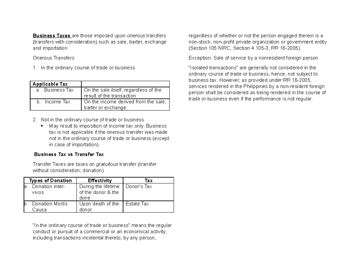 Business Tax Onerous Transfers In the ordinary course of trade or