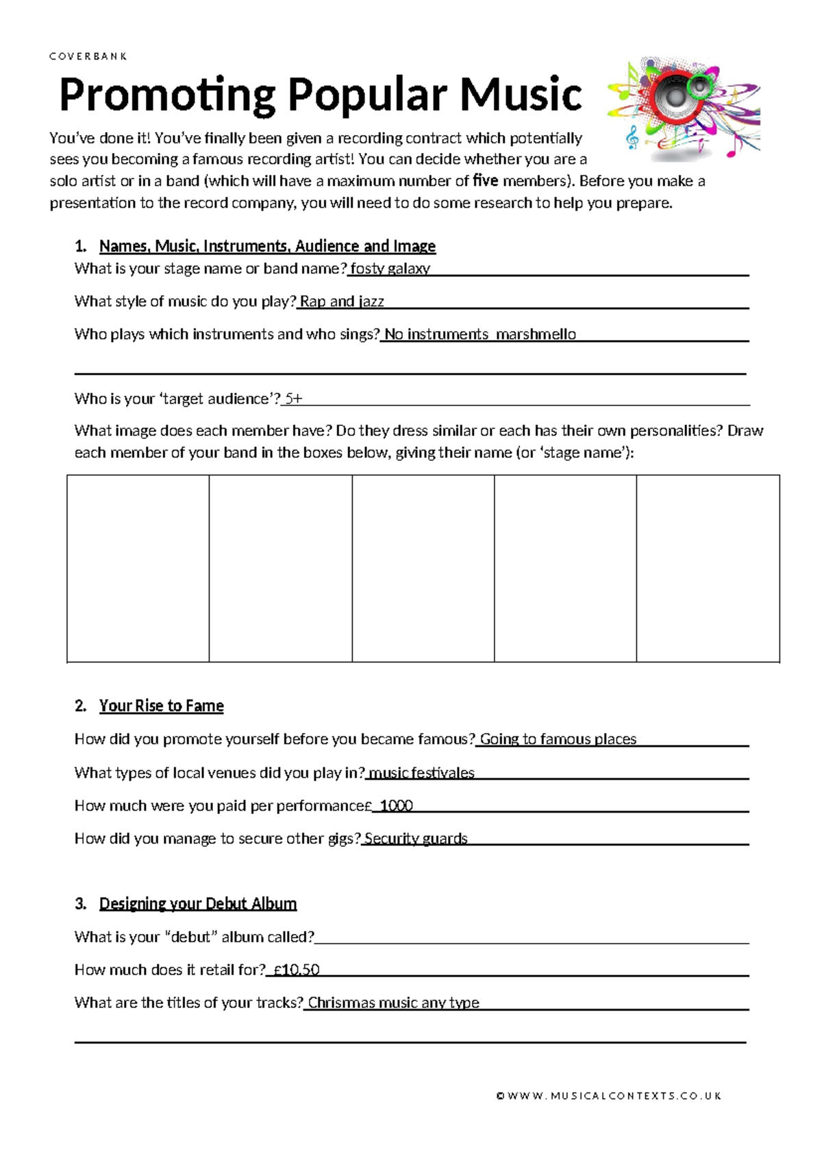 Promoting Popular Music - Year 8 worksheet (4) new sheet - C O V E R B ...