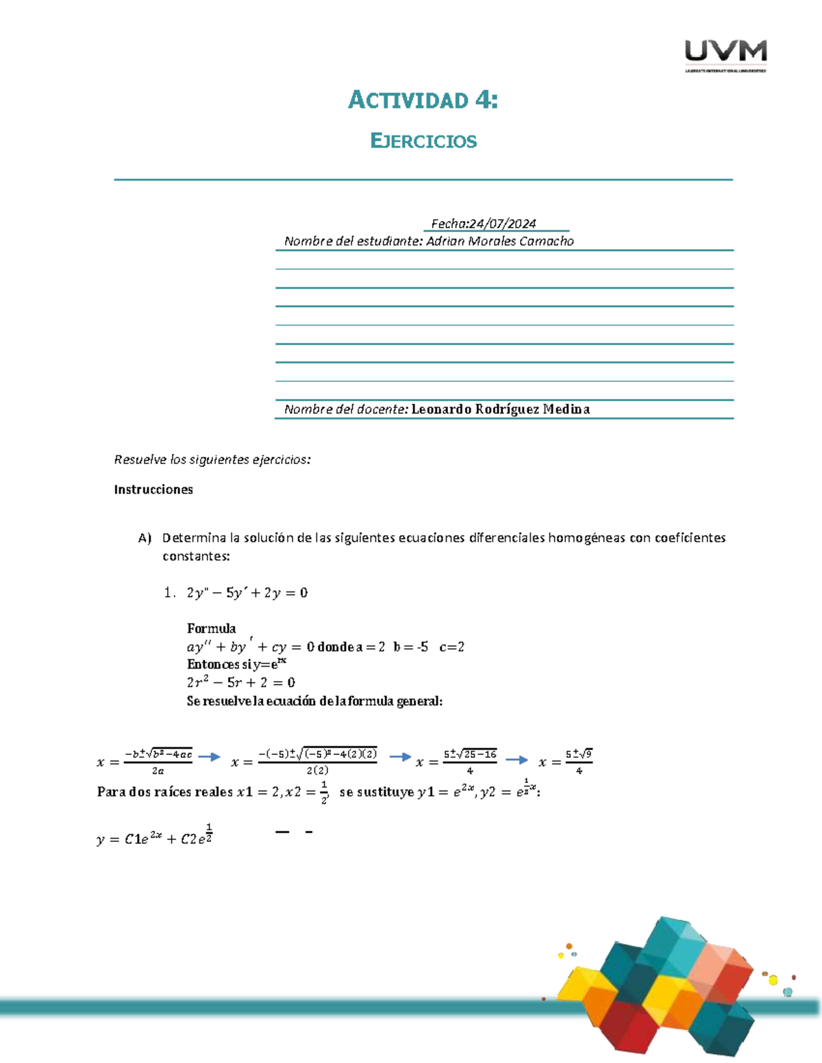 ACT#4AMC - ejercicios 4 - ACTIVIDAD 4: EJERCICIOS Fecha: 24 / 07 / 2024 ...