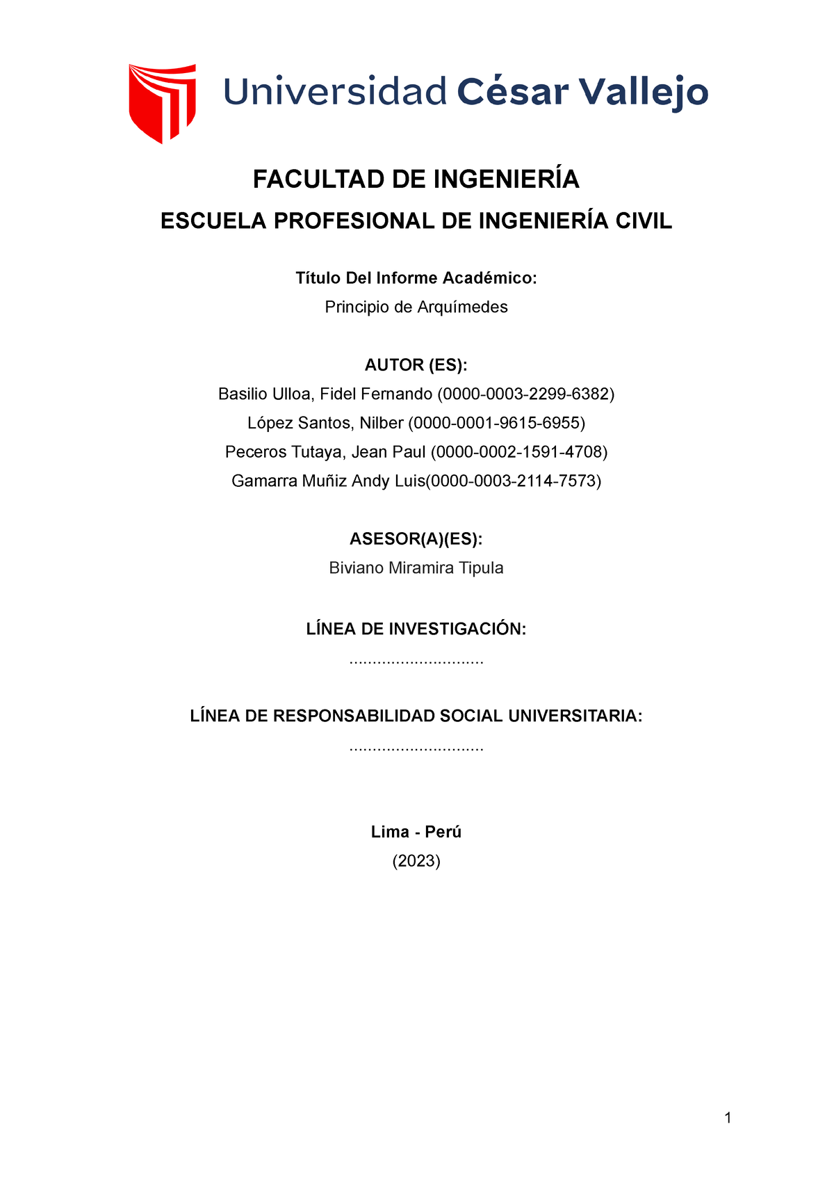 Mecánica De Fluidos Principio De Arquímedes Facultad De IngenierÍa Escuela Profesional De 0265